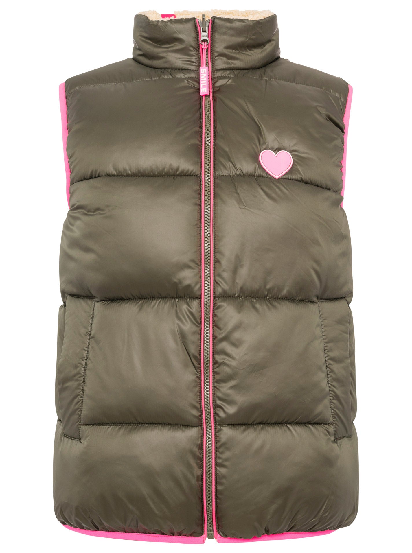 Zwillingsherz Steppweste kurz teddy-wendbar in Khaki/Pink – Vorderansicht