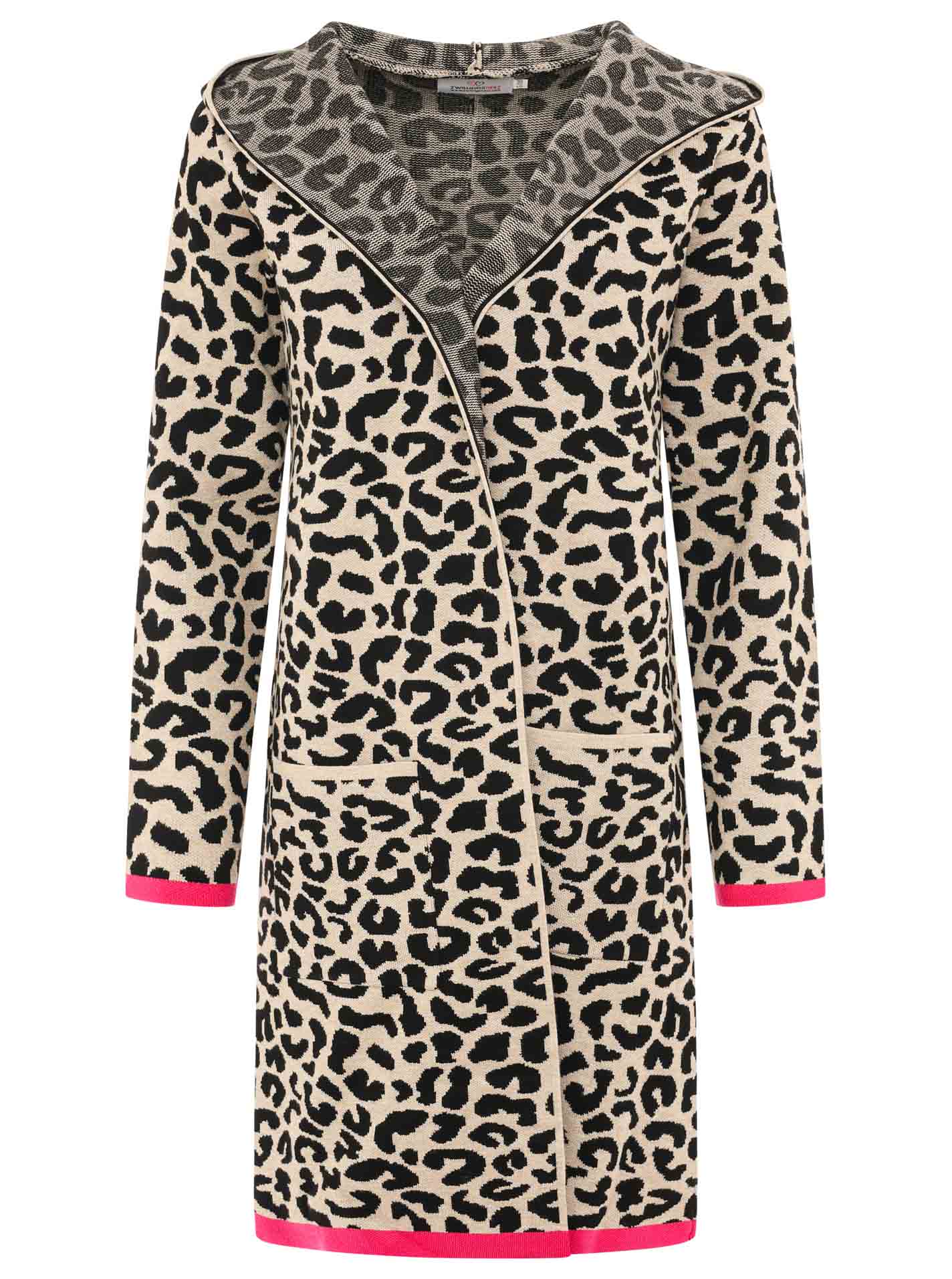 Zwillingsherz Strickjacke mit Kapuze Leo/Leopard - Schwarz/Beige/Pink