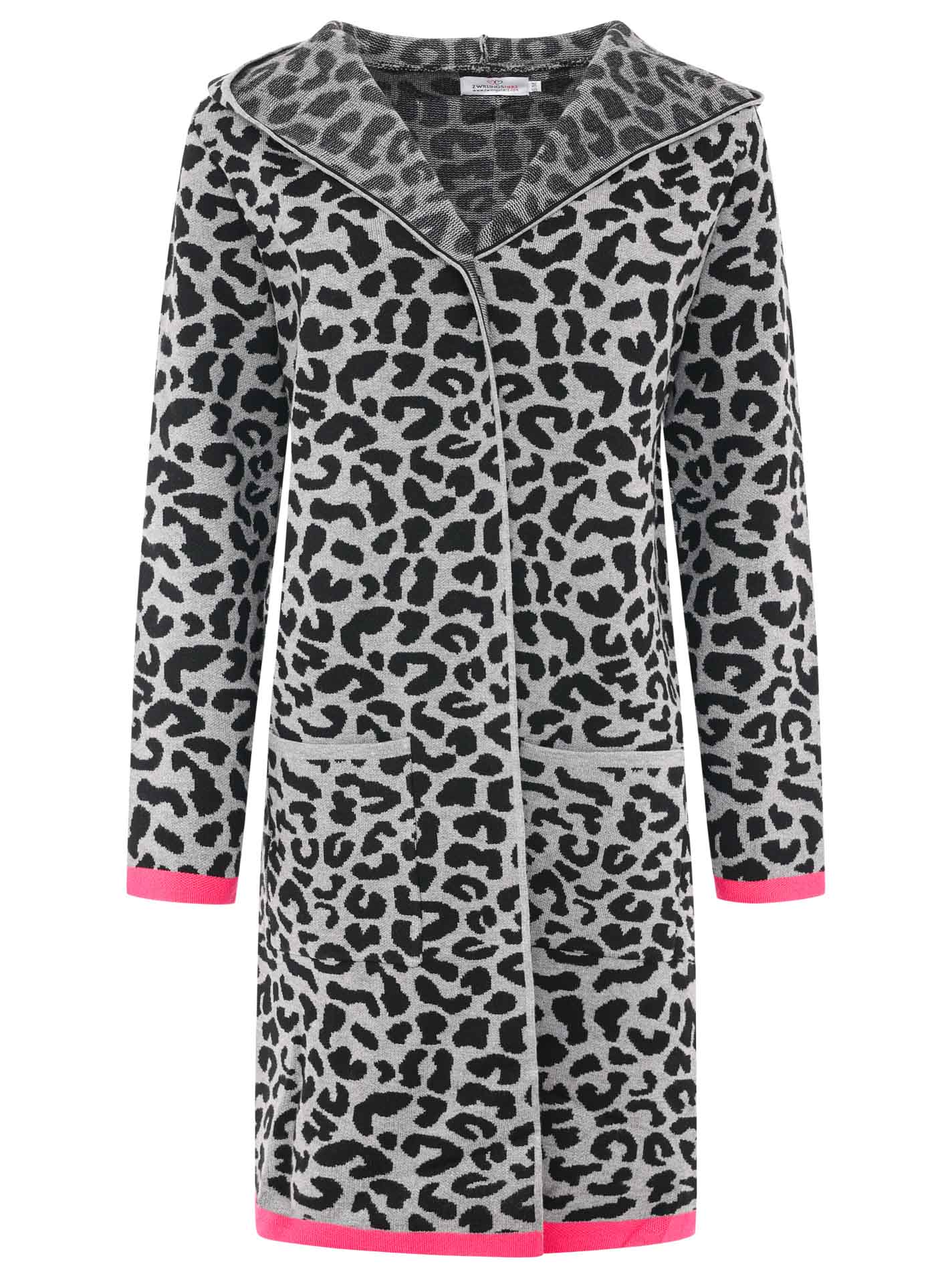 Zwillingsherz Strickjacke mit Kapuze Leo/Leopard - Schwarz/Grau/Pink