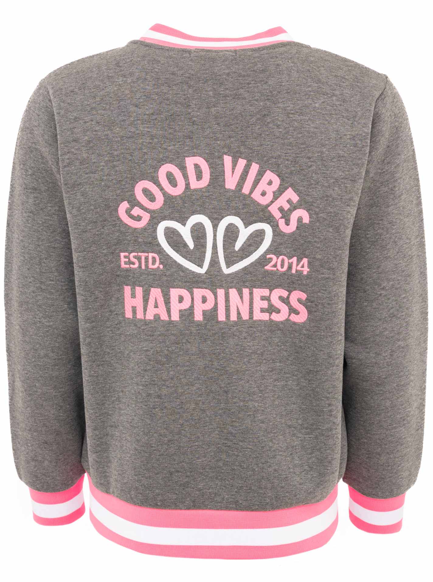 Zwillingsherz Sweatbomberjacke "Good Vibes Happiness" in Grau/Pink – Rückansicht der sportlich-bequemen Damenjacke mit stylischem Print.