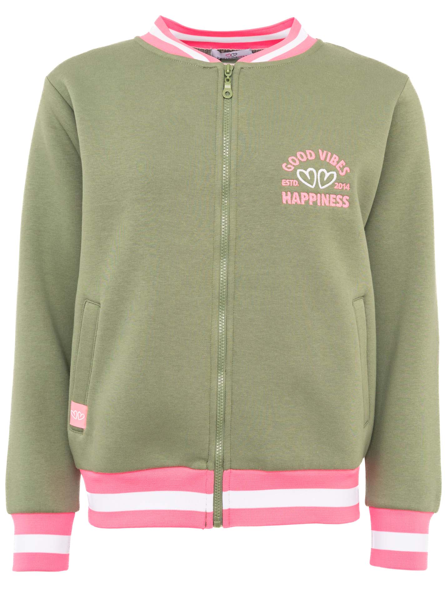 Zwillingsherz Sweatbomberjacke "Good Vibes Happiness" in Khaki/Pink – Vorderansicht mit Reißverschluss, Taschen und sportlichem Look.