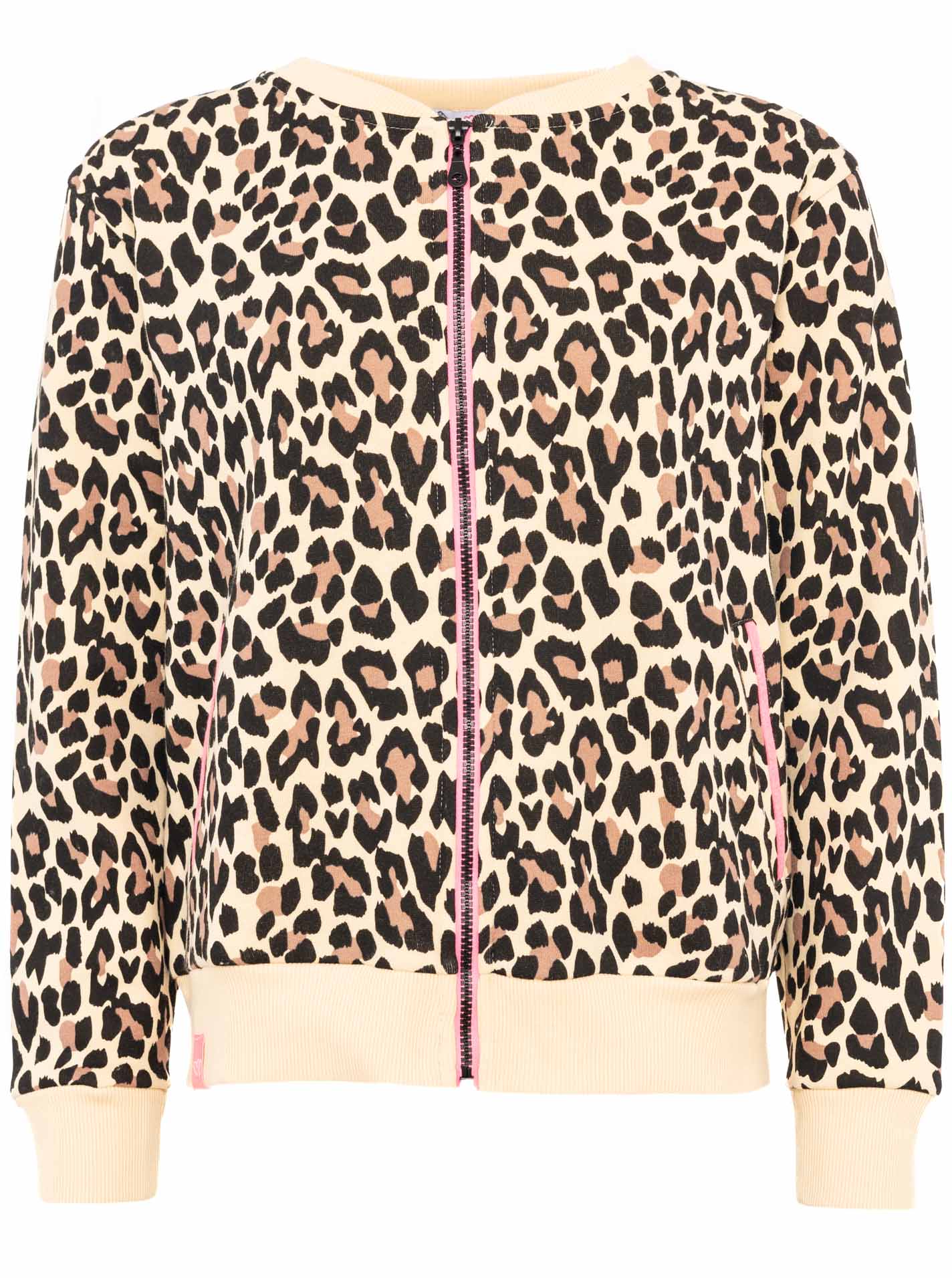 Zwillingsherz Sweatbomberjacke im Leo-Muster – Vorderansicht mit Reißverschluss, seitlichen Taschen und sportlich-lässigem Look.