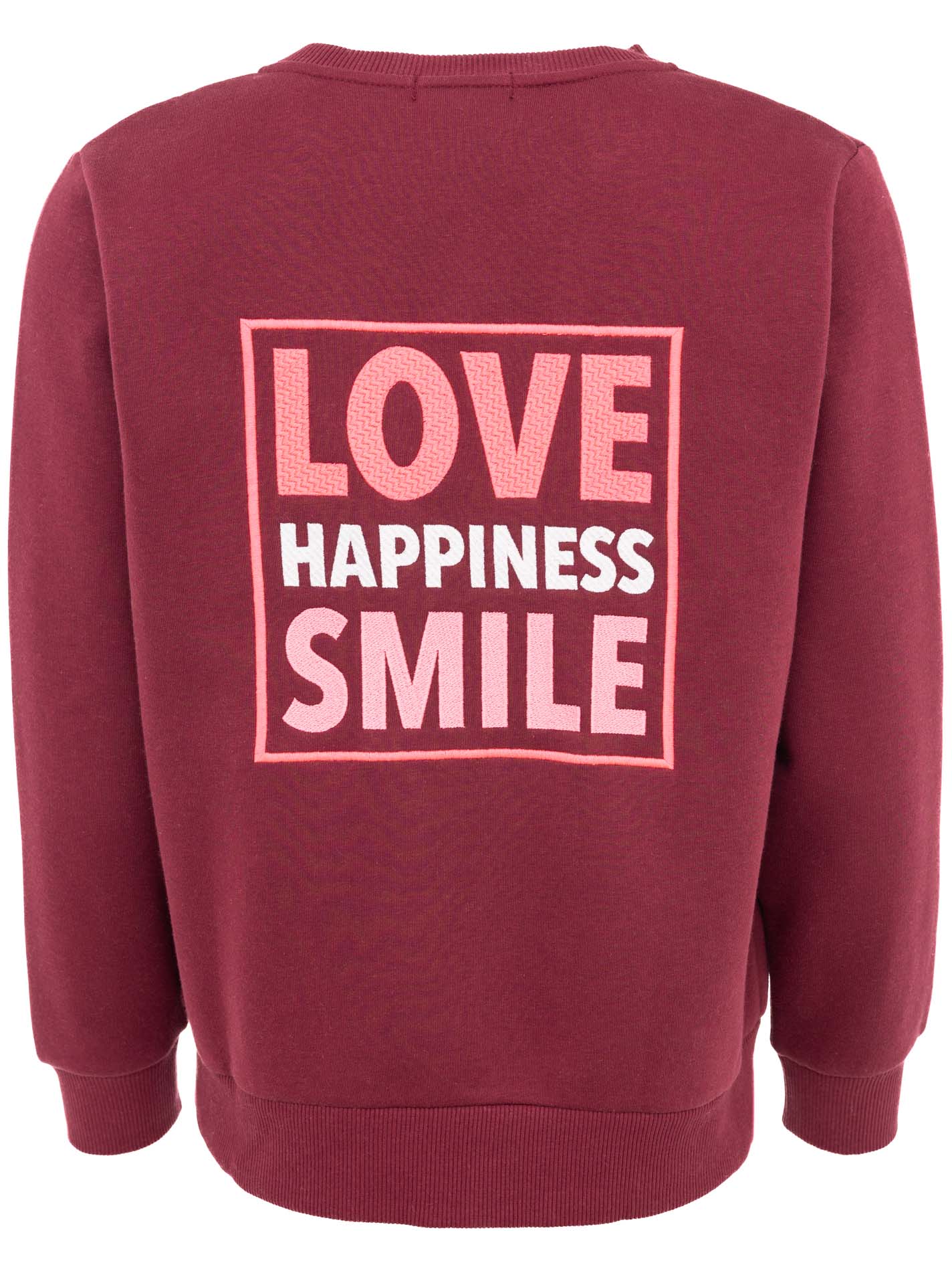 Zwillingsherz Kapuzen-Sweatjacke in Bordeauxrot mit Rückenprint "Love Happiness Smile" – Rückansicht der gemütlichen Damenjacke mit Kapuze.