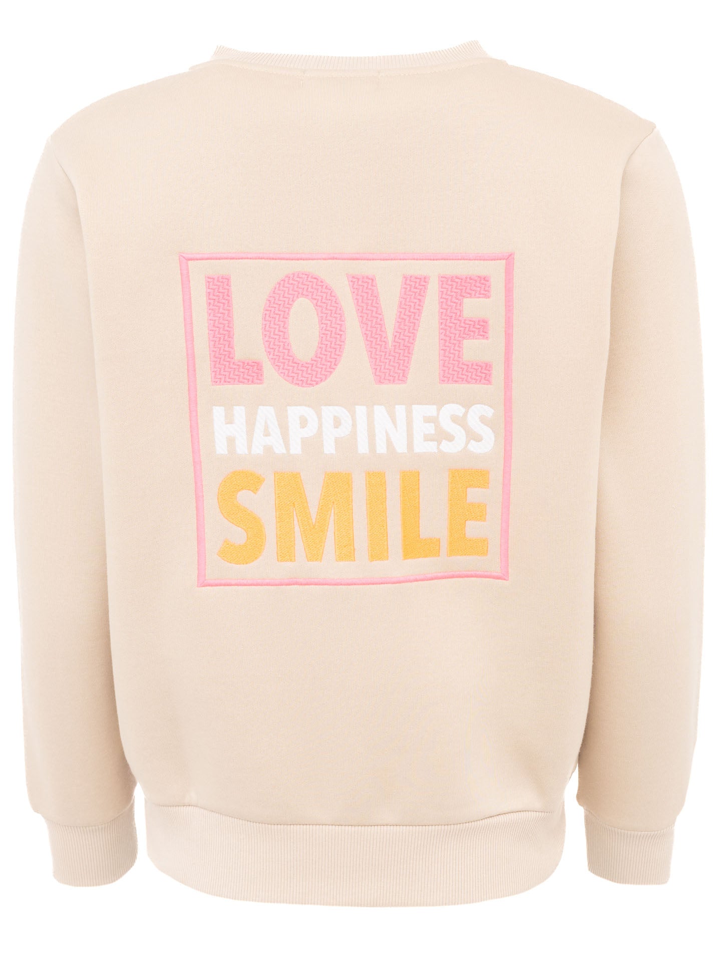 Zwillingsherz Kapuzen-Sweatjacke in Beige mit großem Rückenprint "Love Happiness Smile" – Rückansicht der bequemen und stilvollen Freizeitjacke.