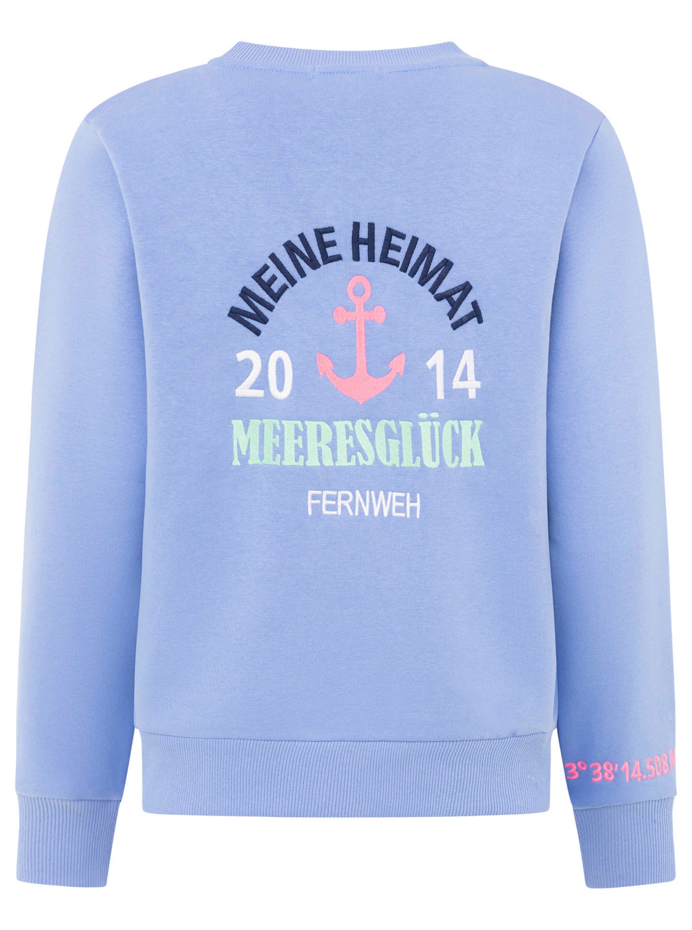 Zwillingsherz Sweatjacke "Meeresglück" mit großem Anker-Motiv in Hellblau – Rückansicht der kuscheligen Damenjacke aus weichem Sweatstoff.