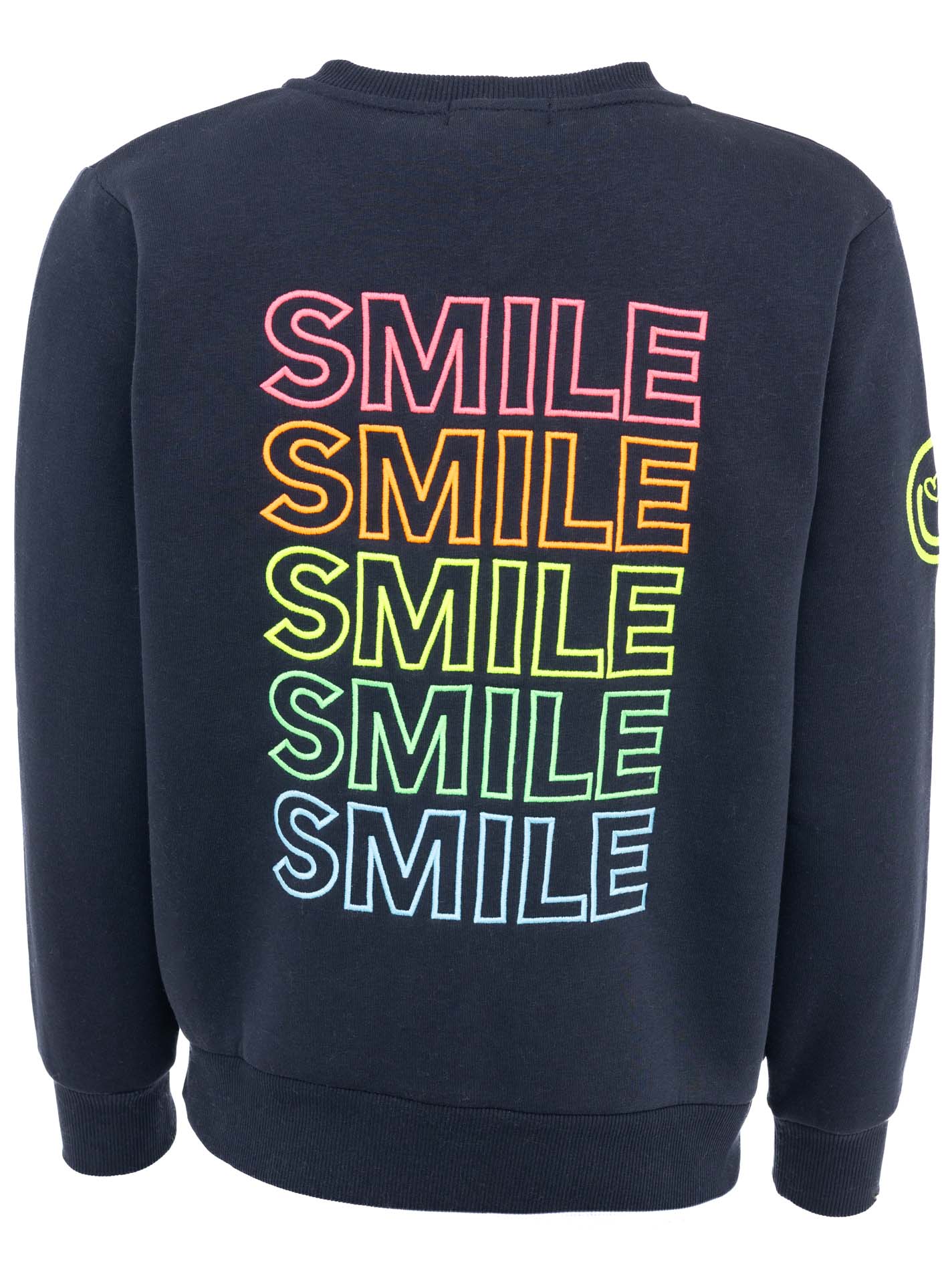 Zwillingsherz Sweatjacke in Navy mit buntem Smile-Motiv im Regenbogen-Design – Rückansicht der lässigen Damenjacke mit Wohlfühlfaktor.
