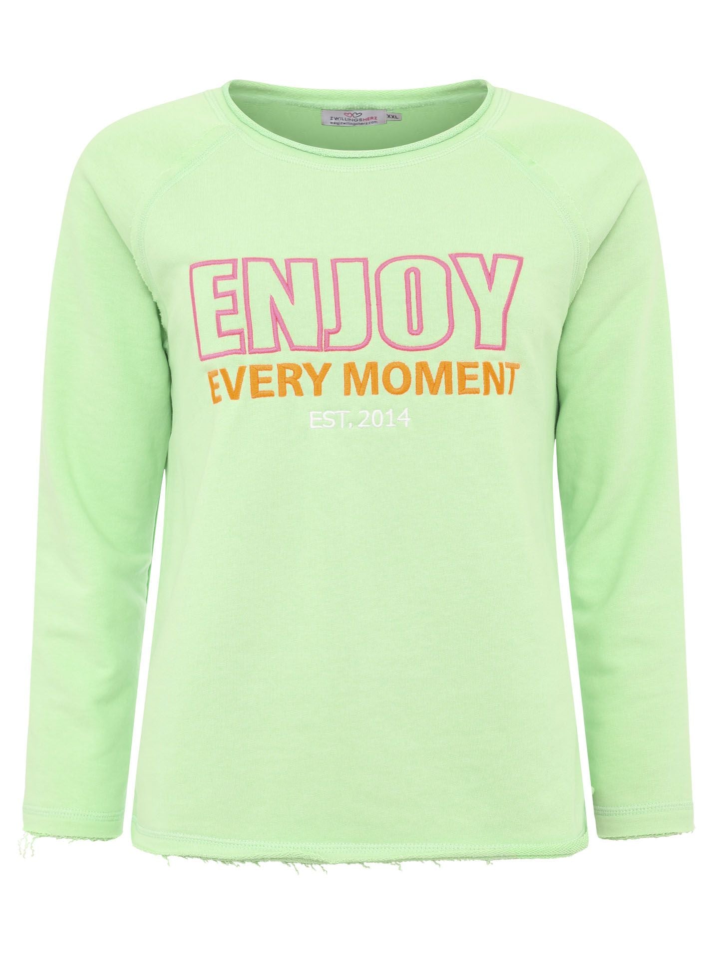 Zwillingsherz Damen Sweatshirt Grün mit Schriftzug 'Enjoy Every Moment' vorn