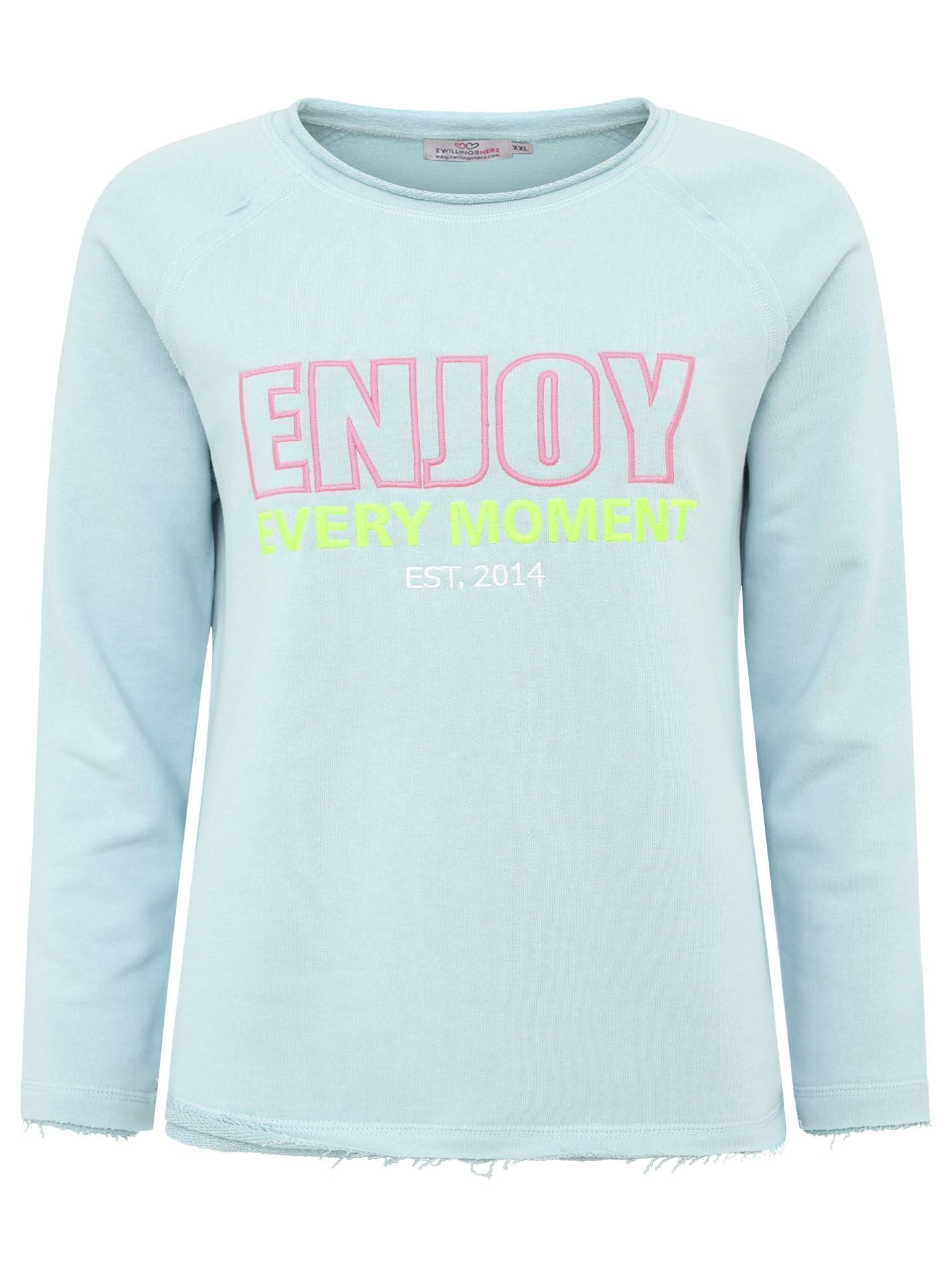 Zwillingsherz Damen Sweatshirt hellblau mit Schriftzug 'Enjoy Every Moment' vorn