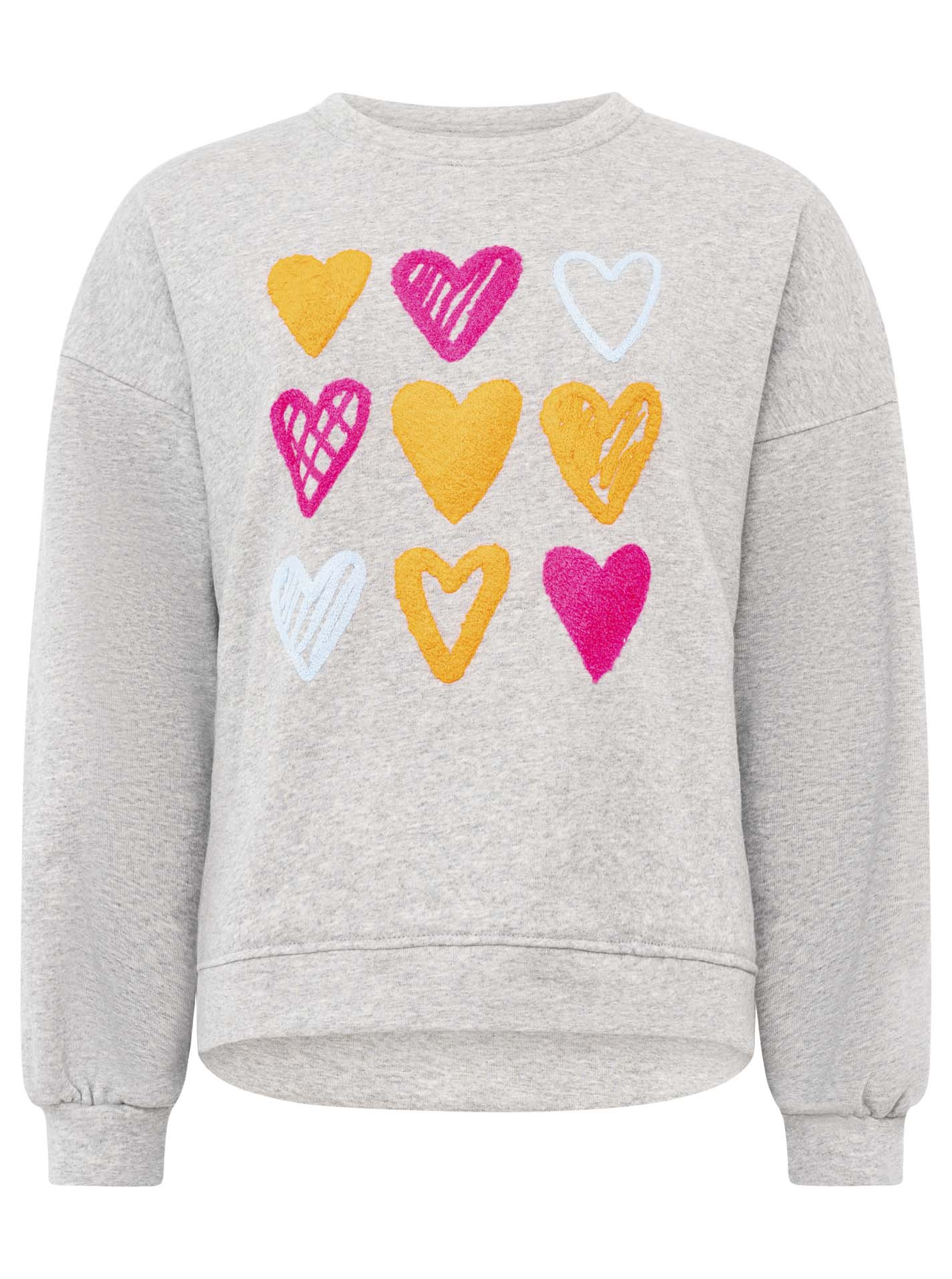 Zwillingsherz Sweatshirt in Grau mit gestickten Herzen in Orange und Pink – verspieltes Design mit liebevollen Details