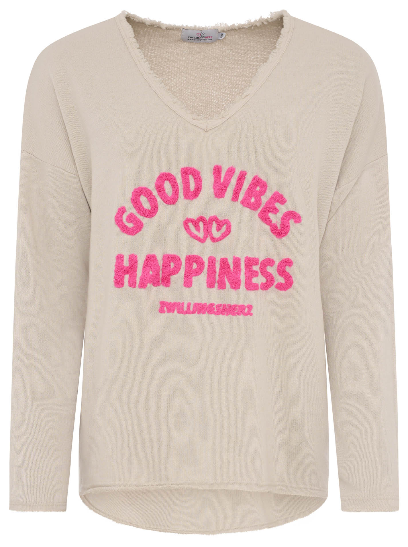 Zwillingsherz Damen Sweatshirt mit Stickerei ‚Good Vibes Happiness‘ in Beige, Vorderansicht