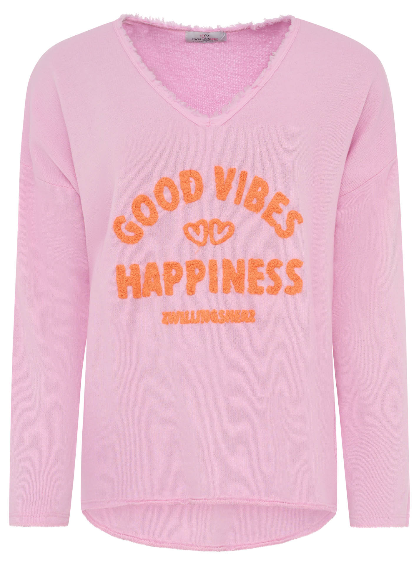 Zwillingsherz Damen Sweatshirt mit Stickerei ‚Good Vibes Happiness‘ in Pink, Vorderansicht“