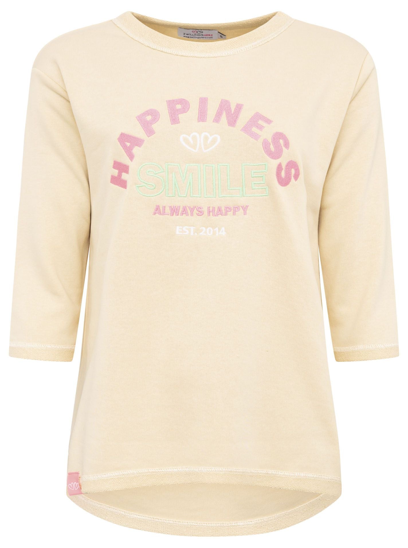 Zwillingsherz Damen 3/4-Arm Sweatshirt in Beige mit pinkem Schriftzug 'Happiness Smile' vorn