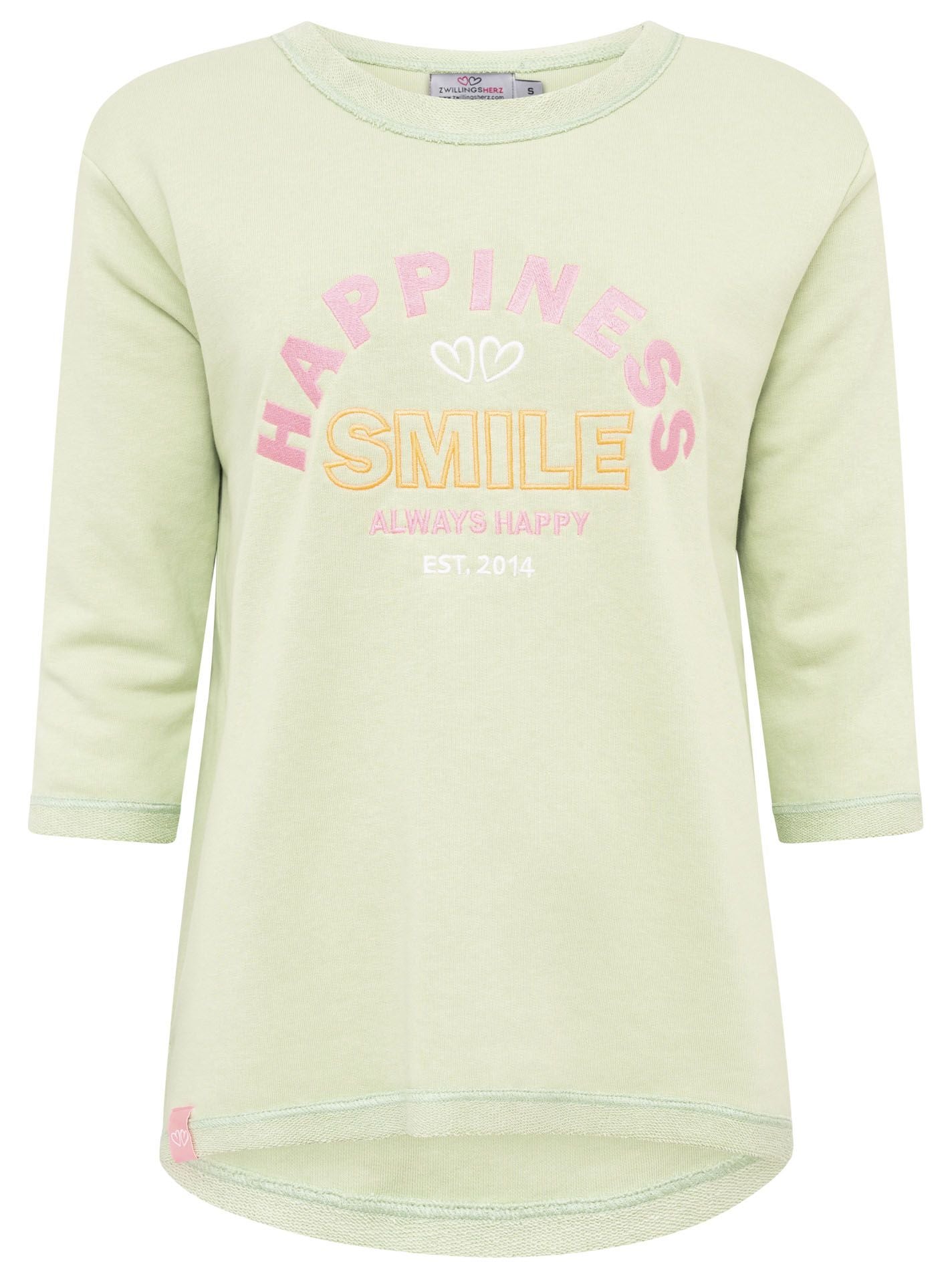 Zwillingsherz Damen Sweatshirt mit 3/4-Arm in Salbei und Aufschrift 'Happy – Have a Good Day' vorne