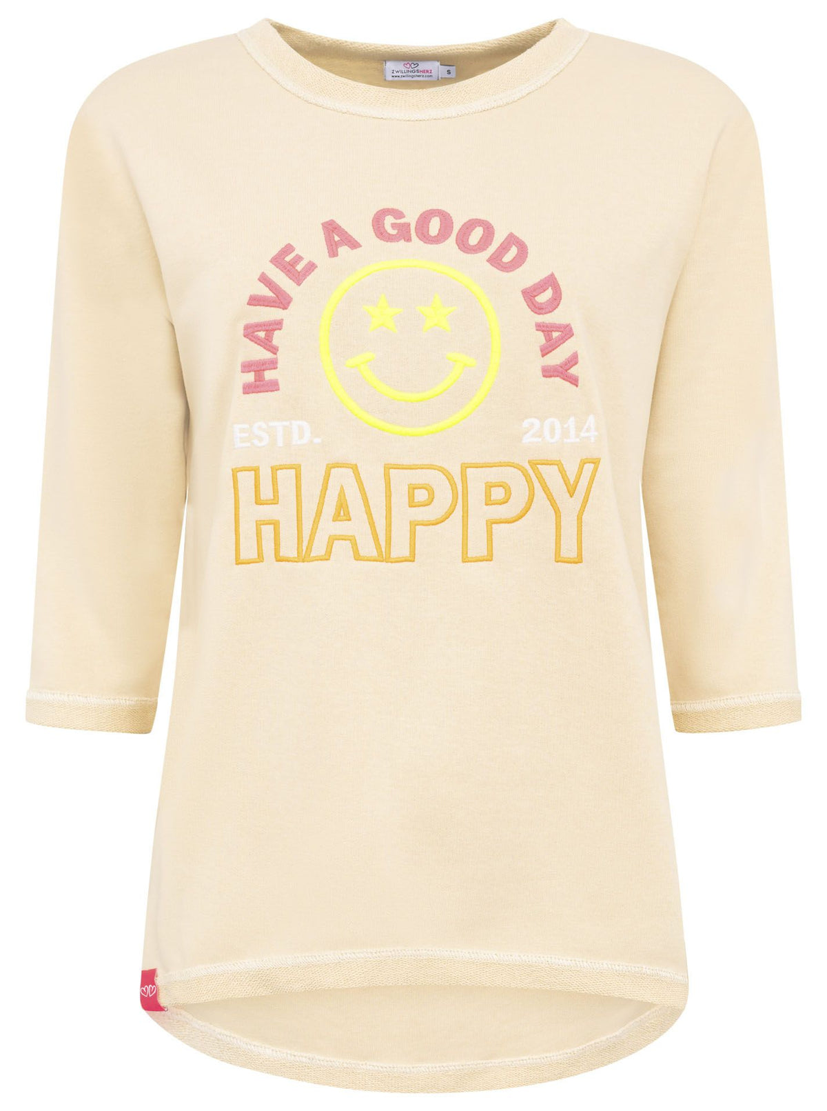 Zwillingsherz Damen Sweatshirt mit 3/4-Arm in Beige und Aufschrift 'Happy – Have a Good Day' vorne