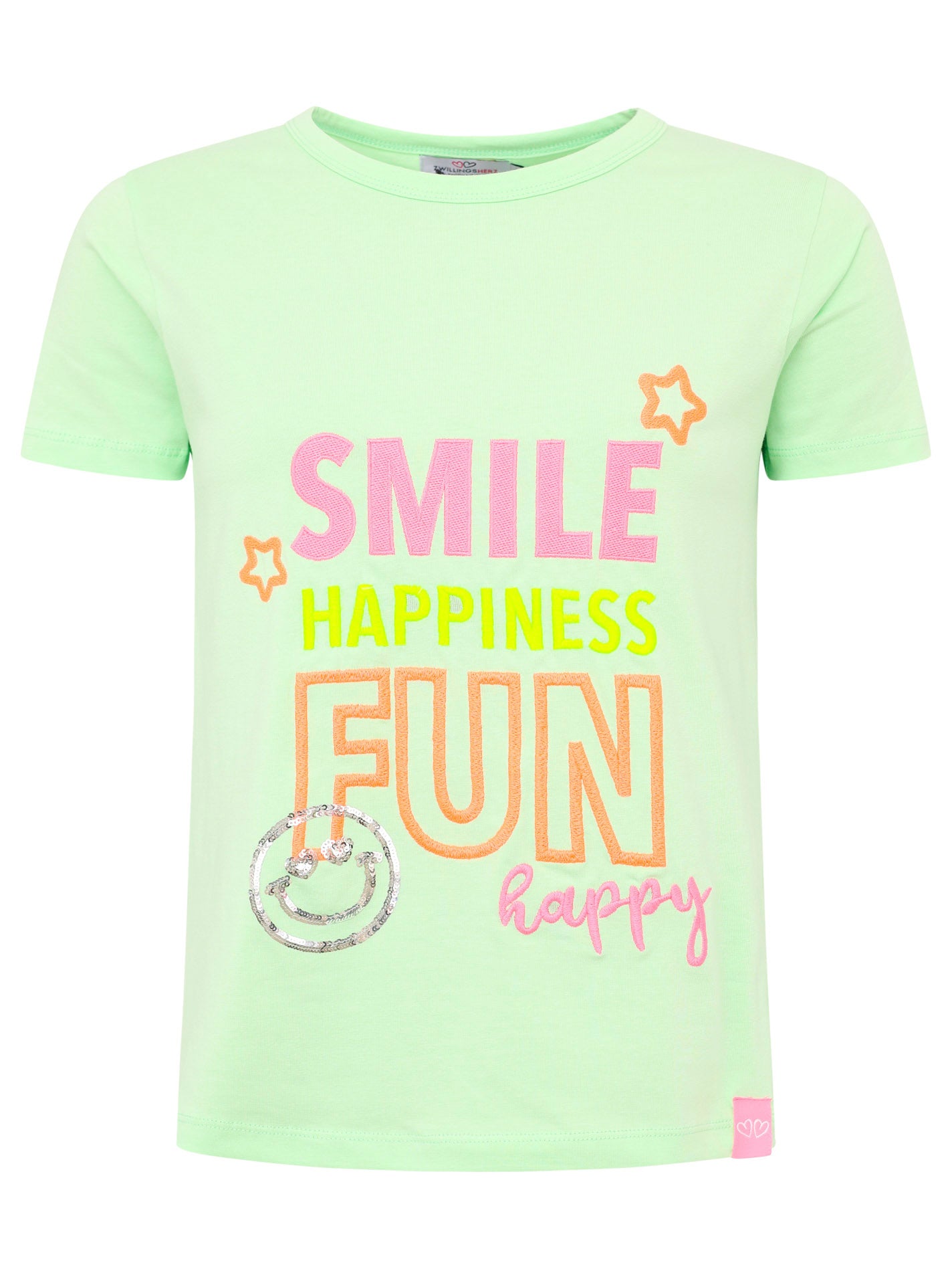 Zwillingsherz T-Shirt Damen – Neongrün mit Aufdruck Smile Happiness Fun, moderner Sommerlook