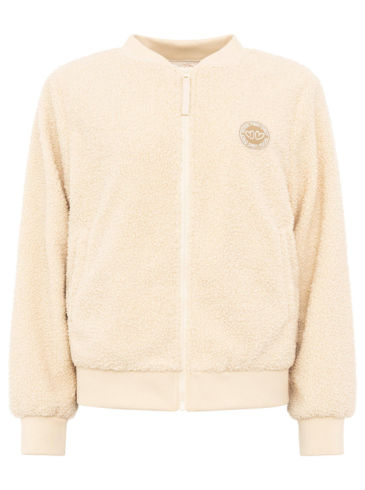 Zwillingsherz Teddy-Bomberjacke „Good Vibes“ Creme/Hellbeige – Frontansicht, weiches Teddy-Material, Reißverschluss, seitliche Taschen.