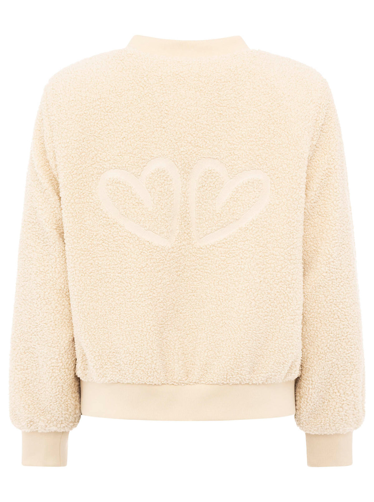 Zwillingsherz Teddy-Bomberjacke „Good Vibes“ Creme/Hellbeige – Kragen- und Rückansicht, flauschige Struktur, cleanes Design.