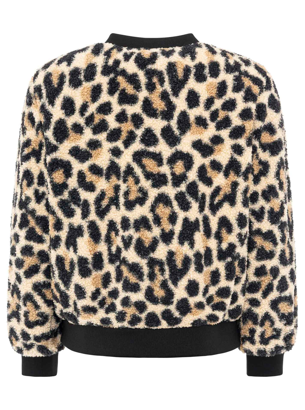 Zwillingsherz Teddy-Bomberjacke Leopard Beige/Schwarz – Rückansicht, markantes Leo-Muster, weiches Teddyfell, gerippte Bündchen.