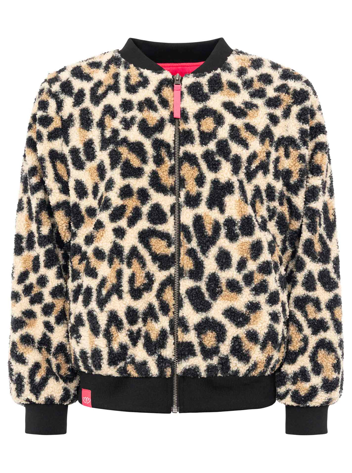 Zwillingsherz Teddy-Bomberjacke Leopard Beige/Schwarz – Frontansicht, weiches Teddyfell, durchgehender Reißverschluss, seitliche Taschen.