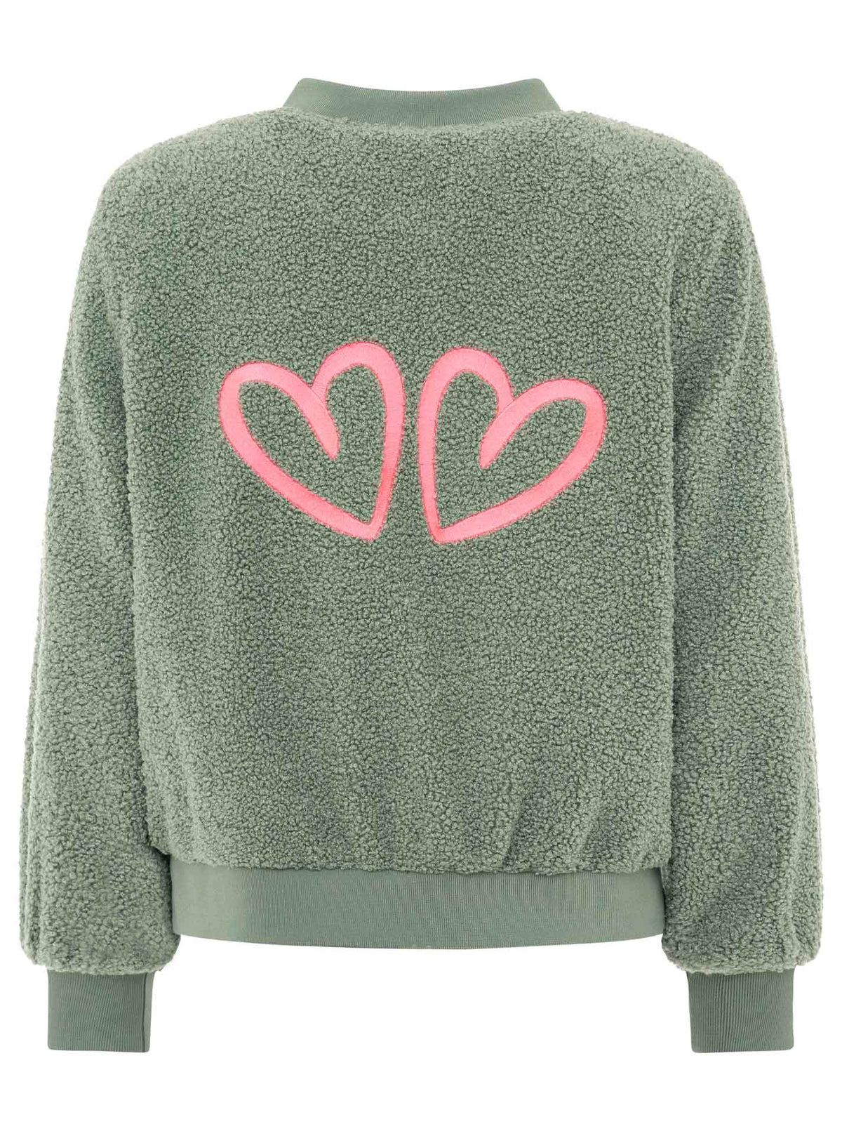 Zwillingsherz Teddy-Bomberjacke „Good Vibes“ Salbei - Rückansicht, weiches Teddy-Material, durchgehender Reißverschluss, seitliche Taschen.