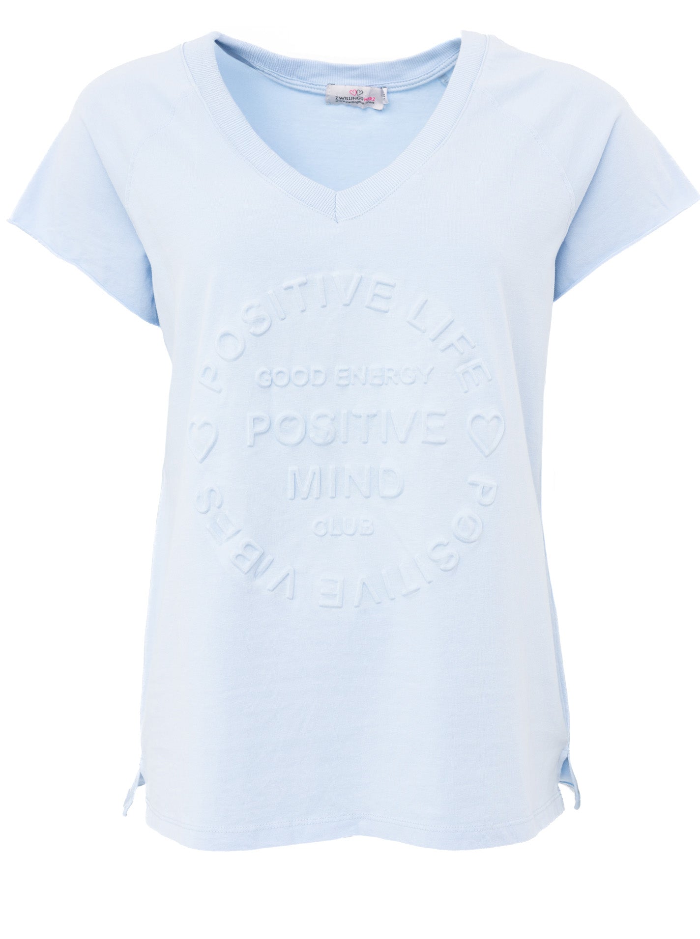 Zwillingsherz - Oversized T-Shirt "Positive Mind" V-Ausschnitt - Hellblau