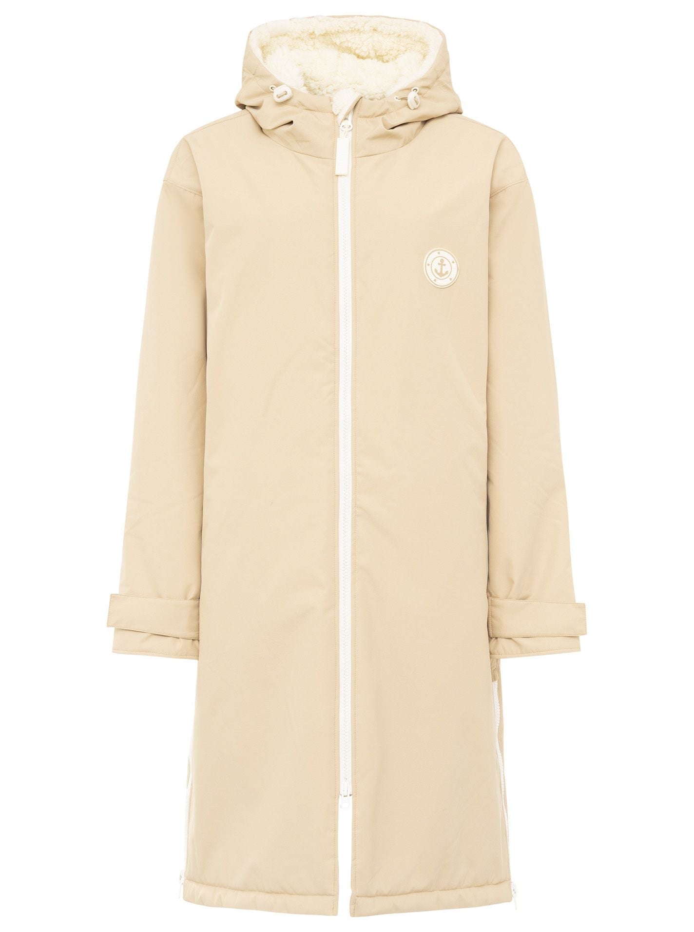 Flauschige Oversize Windjacke von Zwillingsherz in Beige-Weiß mit Kapuze & Taschen – stylisch, bequem - ideal für kühle Tage.