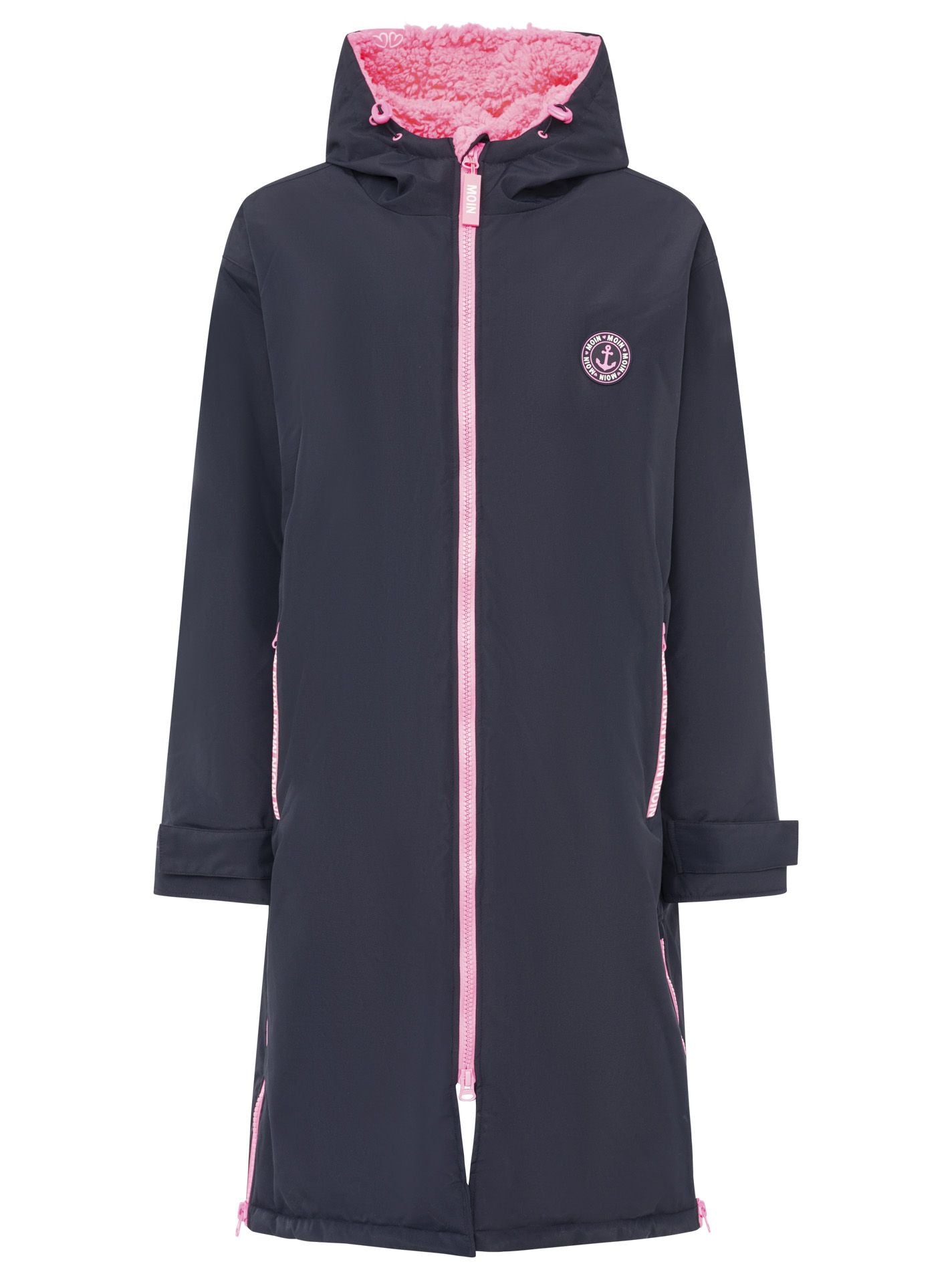 Zwillingsherz Oversize Windjacke in Dunkelblau-Pink mit Kapuze – Vorderansicht, flauschiges Innenfutter in Rosa, stylisch und wetterfest