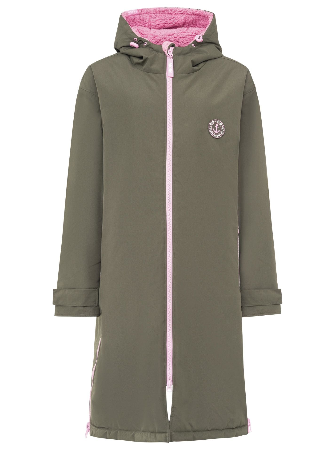 Flauschige Oversize Windjacke von Zwillingsherz in Khaki-Pink mit Kapuze & Taschen – stylisch, bequem, Vorderansicht – ideal für kühle Tage.