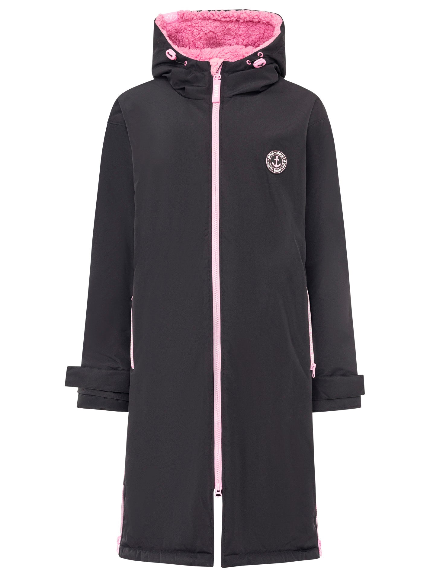 Zwillingsherz Oversize Windjacke in Schwarz-Pink – Vorderansicht, flauschige Kapuze, sportlicher Schnitt, perfekt für kühle Tage