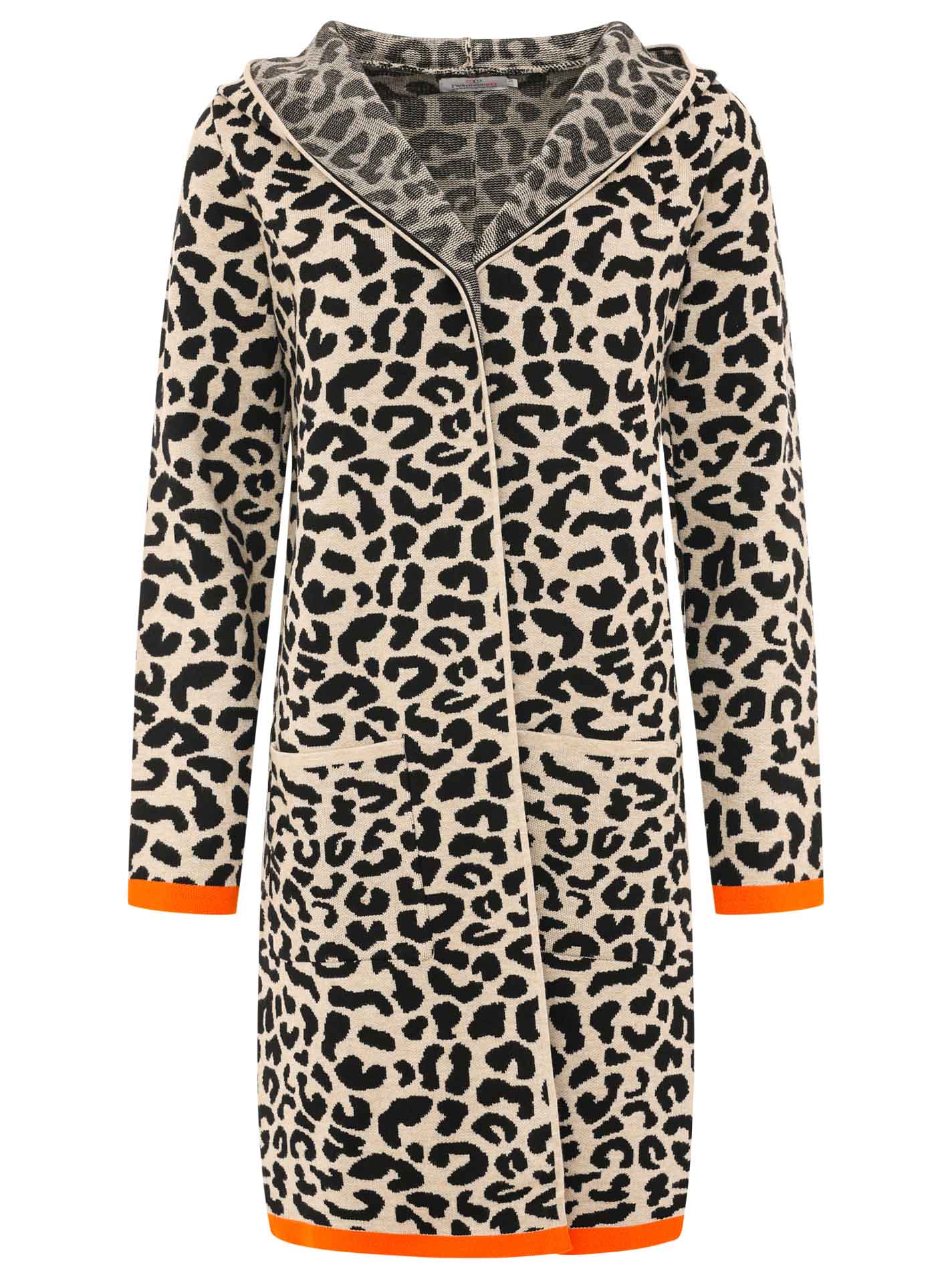 Zwillingsherz Strickjacke mit Kapuze Leo/Leopard - Schwarz/Beige/Orange