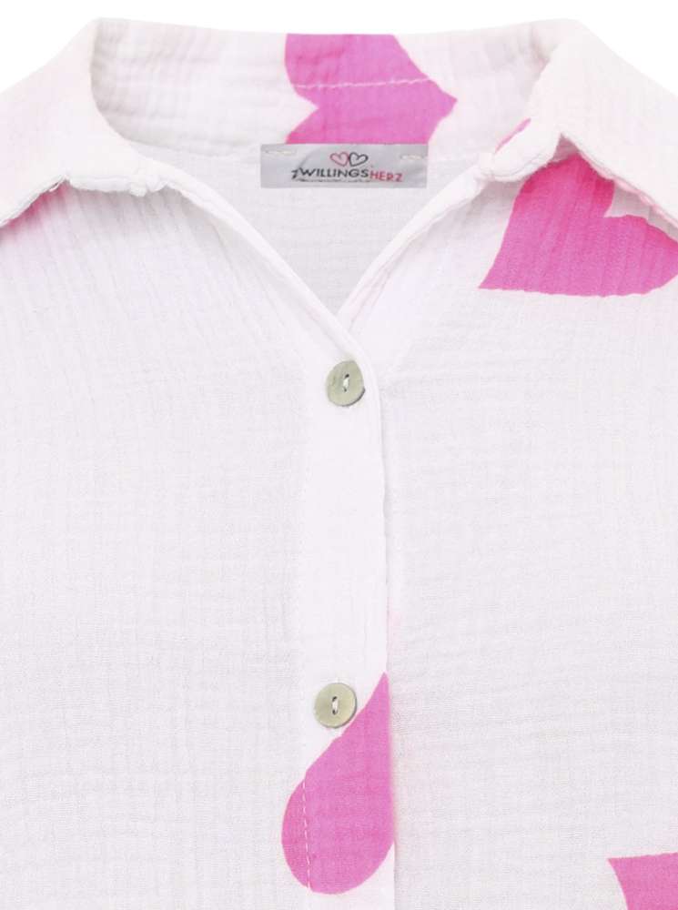 Zwillingsherz - Musselin Bluse mit Herzmuster- Weiß/Pink