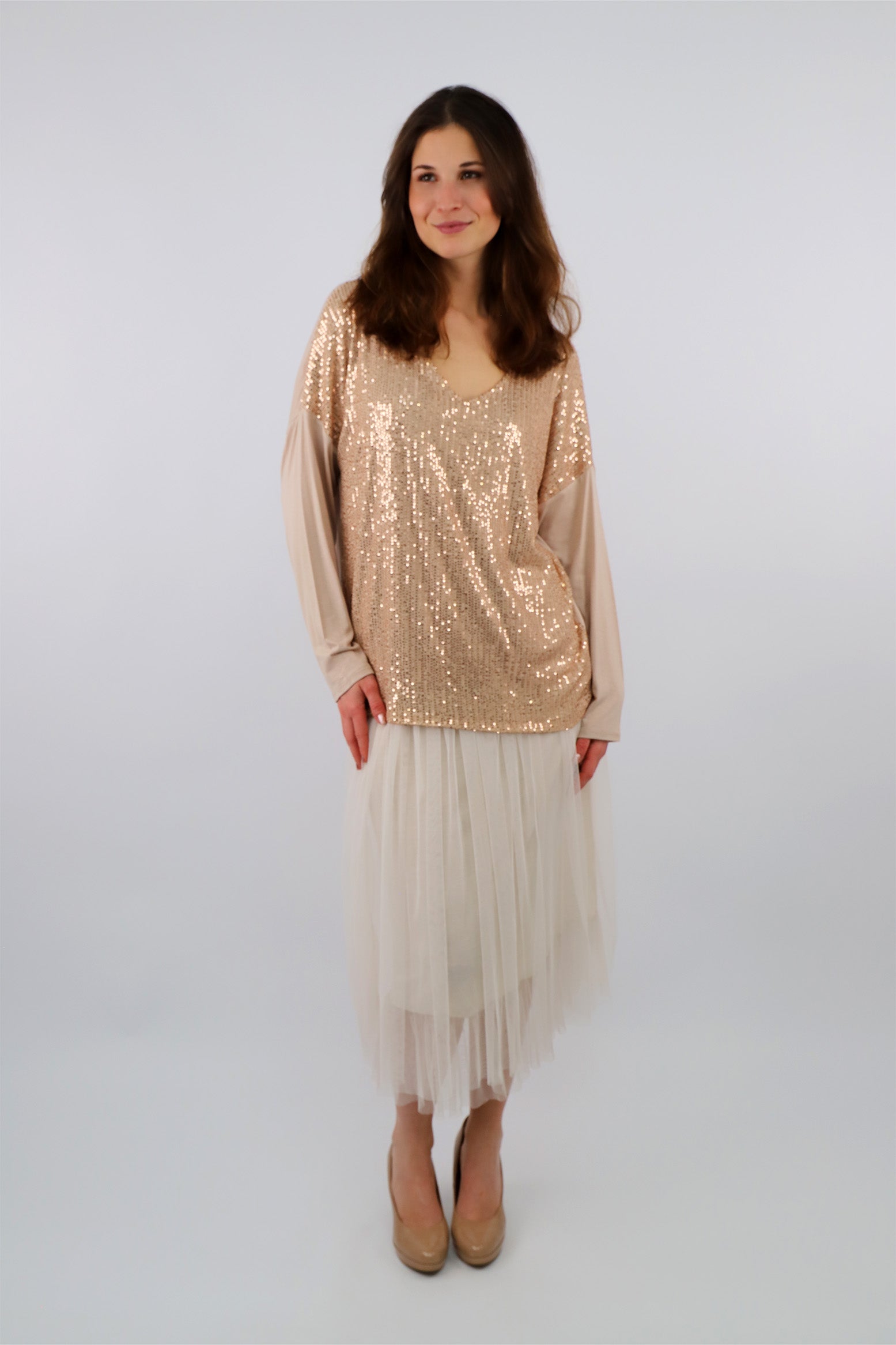Blusenshirt mit Pailletten - Beige