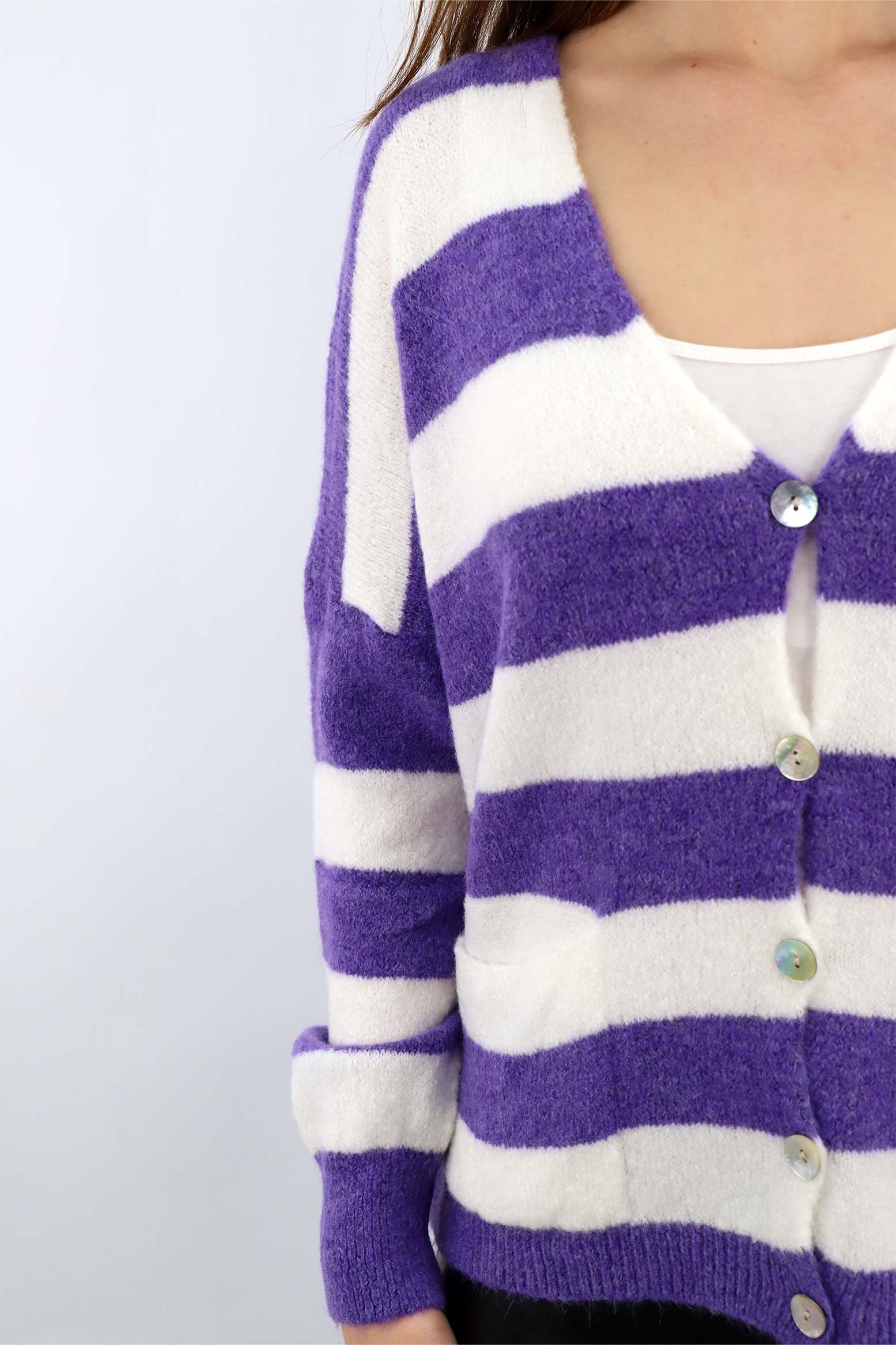Strick Cardigan Streifenoptik - Lila/Weiß
