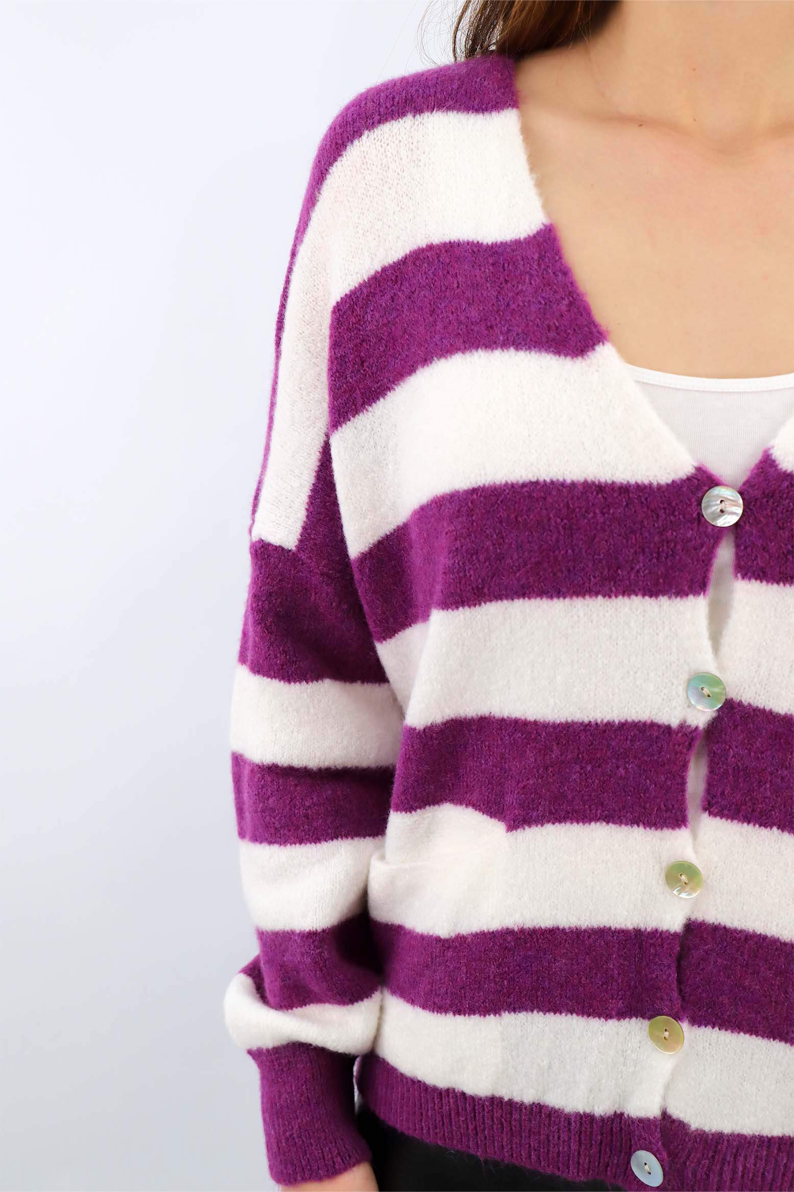Strick Cardigan Streifenoptik - Beere/Weiß