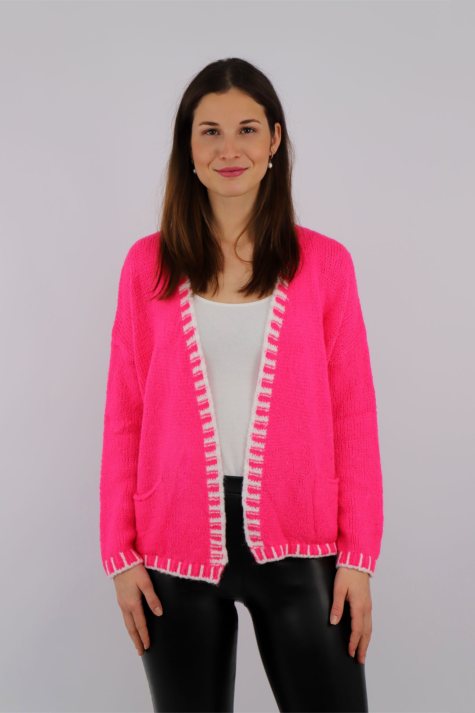 Strickjacke mit Kontrast-Rand - Pink