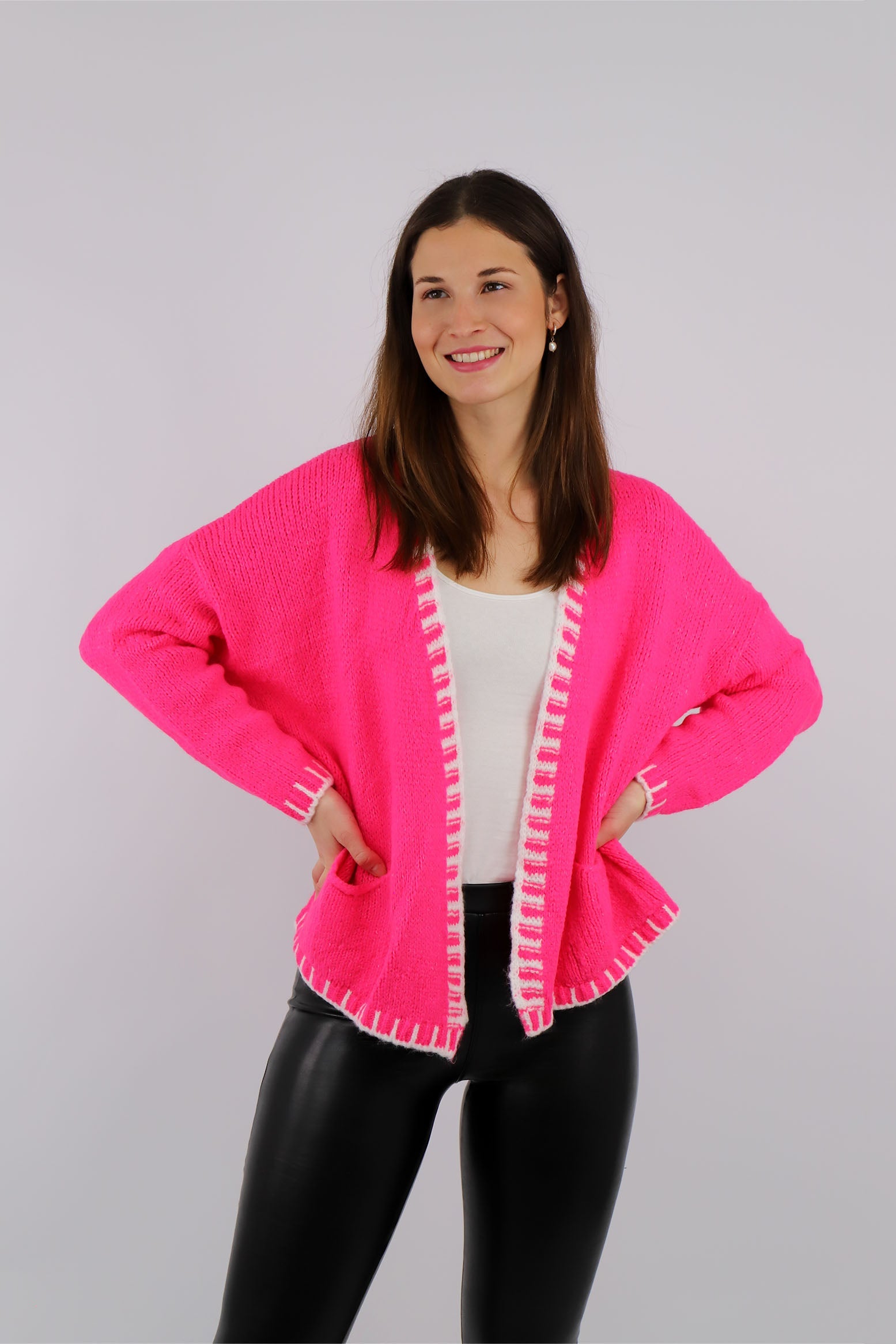 Strickjacke mit Kontrast-Rand - Pink