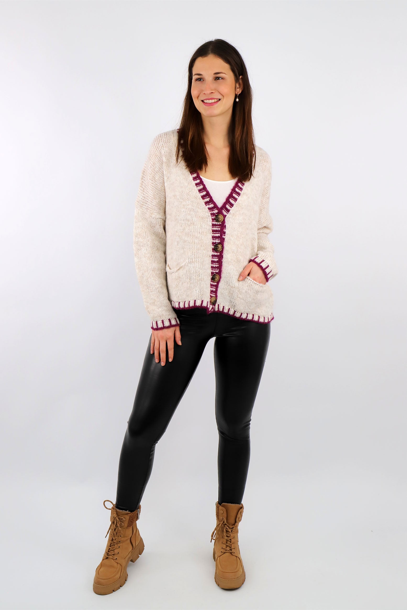 Strickjacke mit Kontrast-Rand und Knöpfen - Beige/Beere