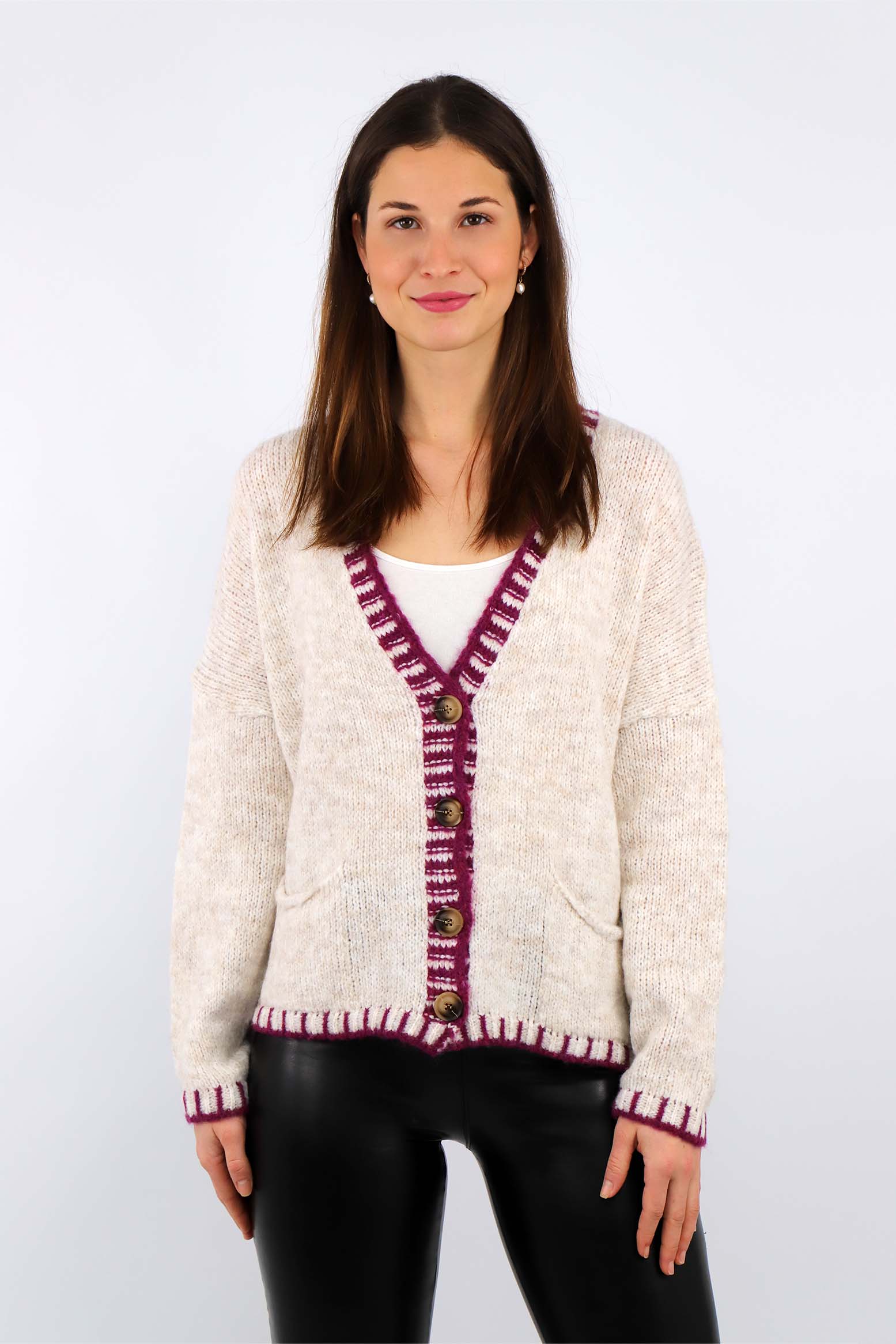 Strickjacke mit Kontrast-Rand und Knöpfen - Beige/Beere
