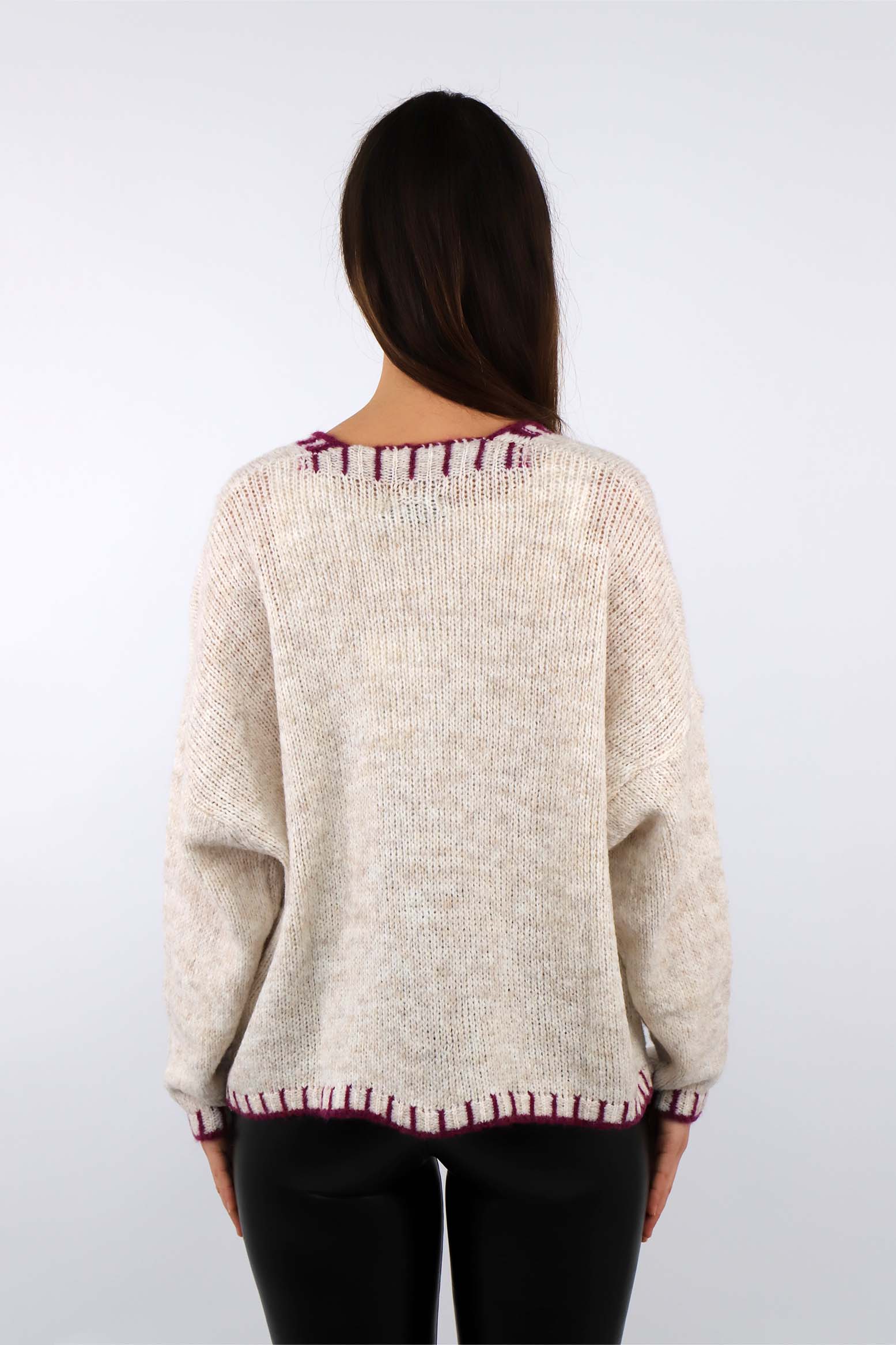 Strickjacke mit Kontrast-Rand und Knöpfen - Beige/Beere