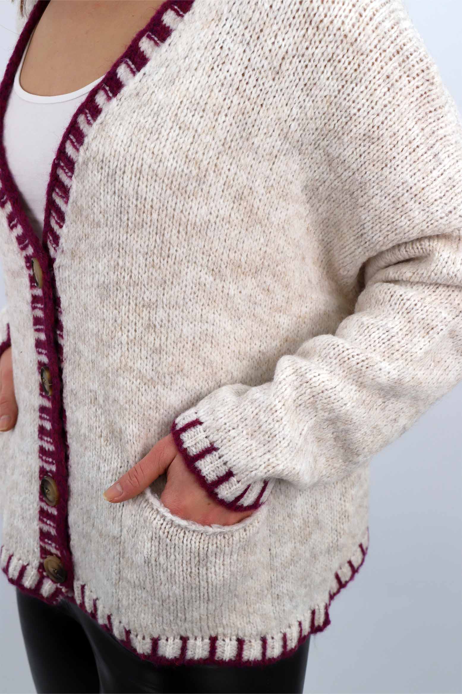Strickjacke mit Kontrast-Rand und Knöpfen - Beige/Beere