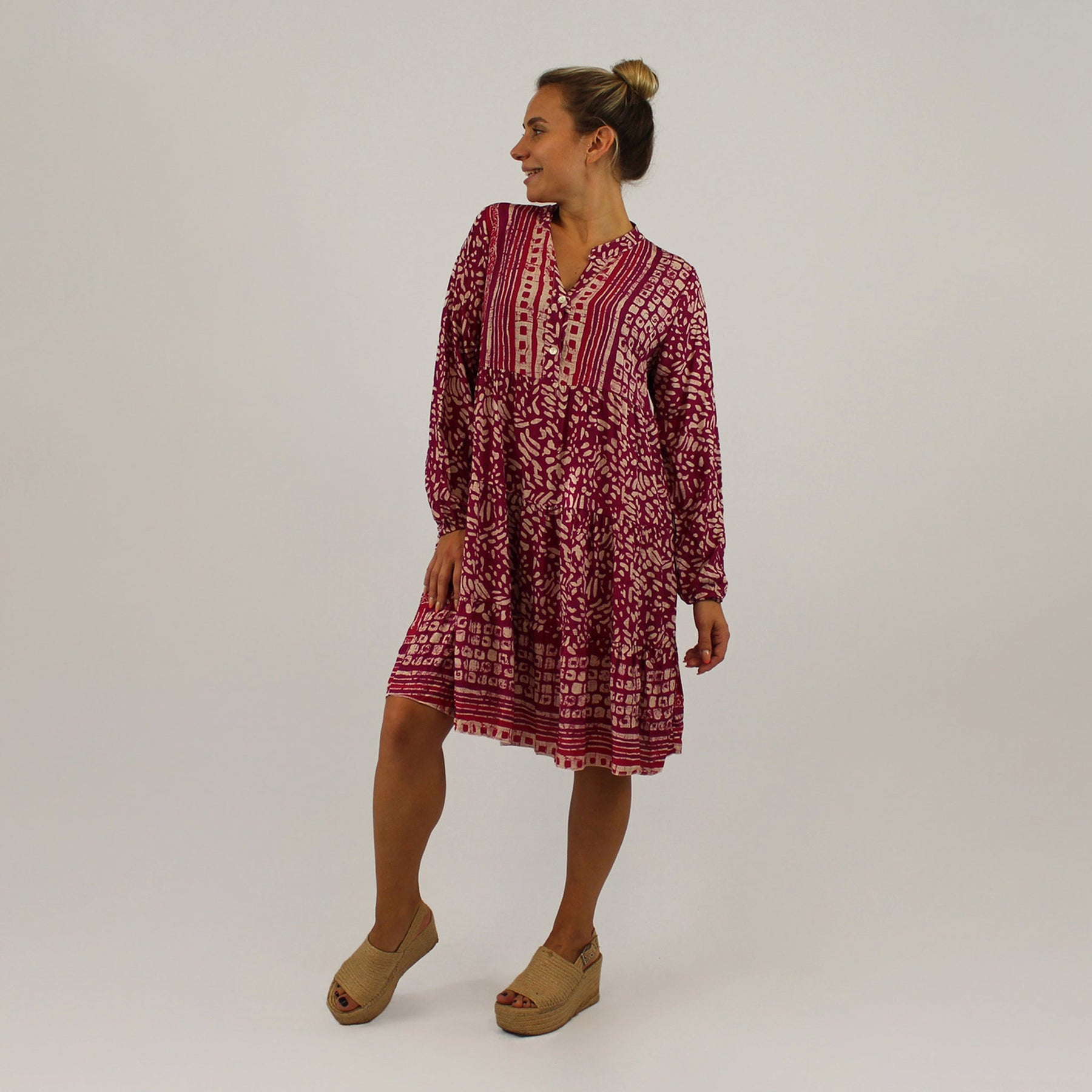 Knopfleisten-Kleid mit Druck - Pink