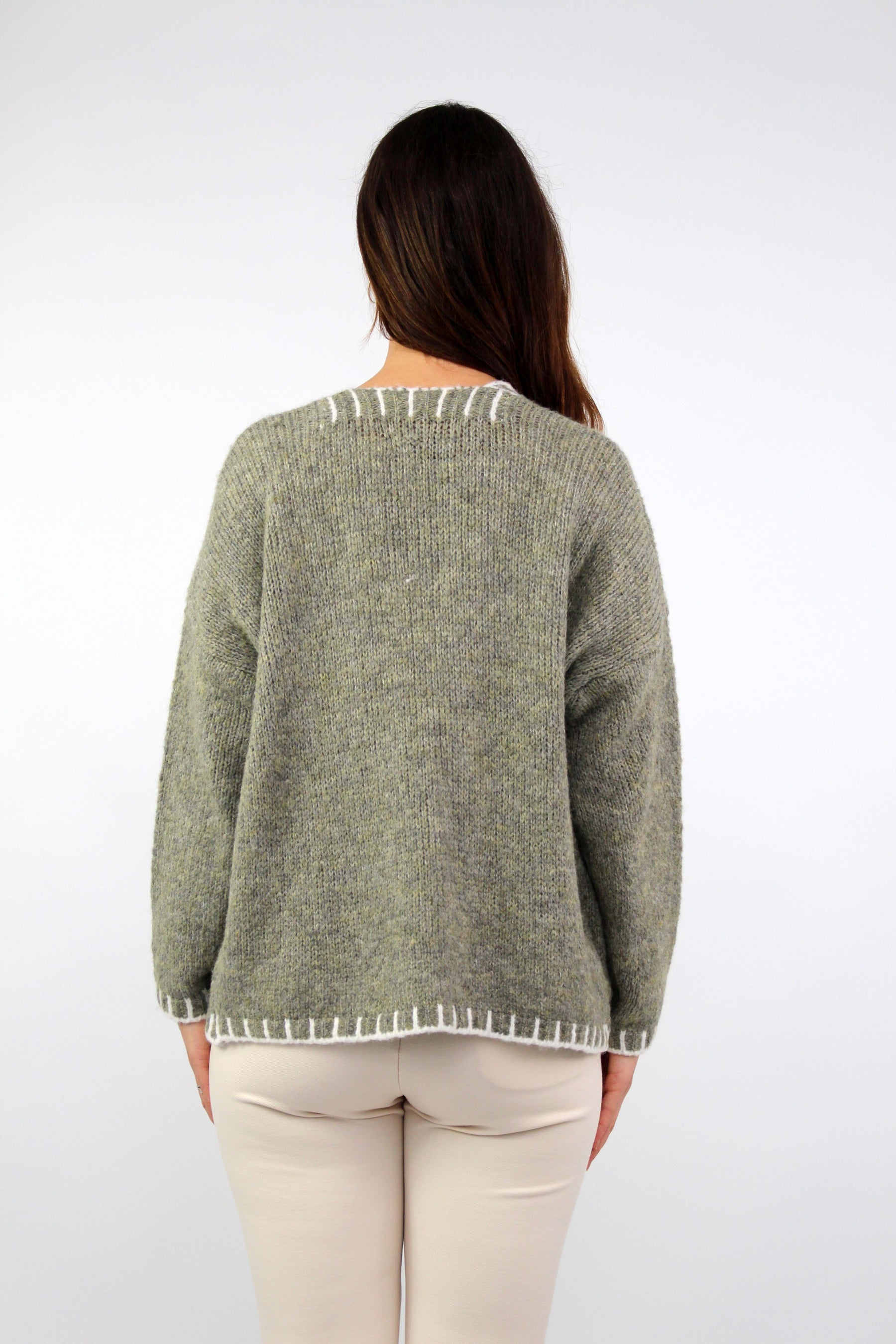 Strickjacke mit Kontrast-Rand - Salbei