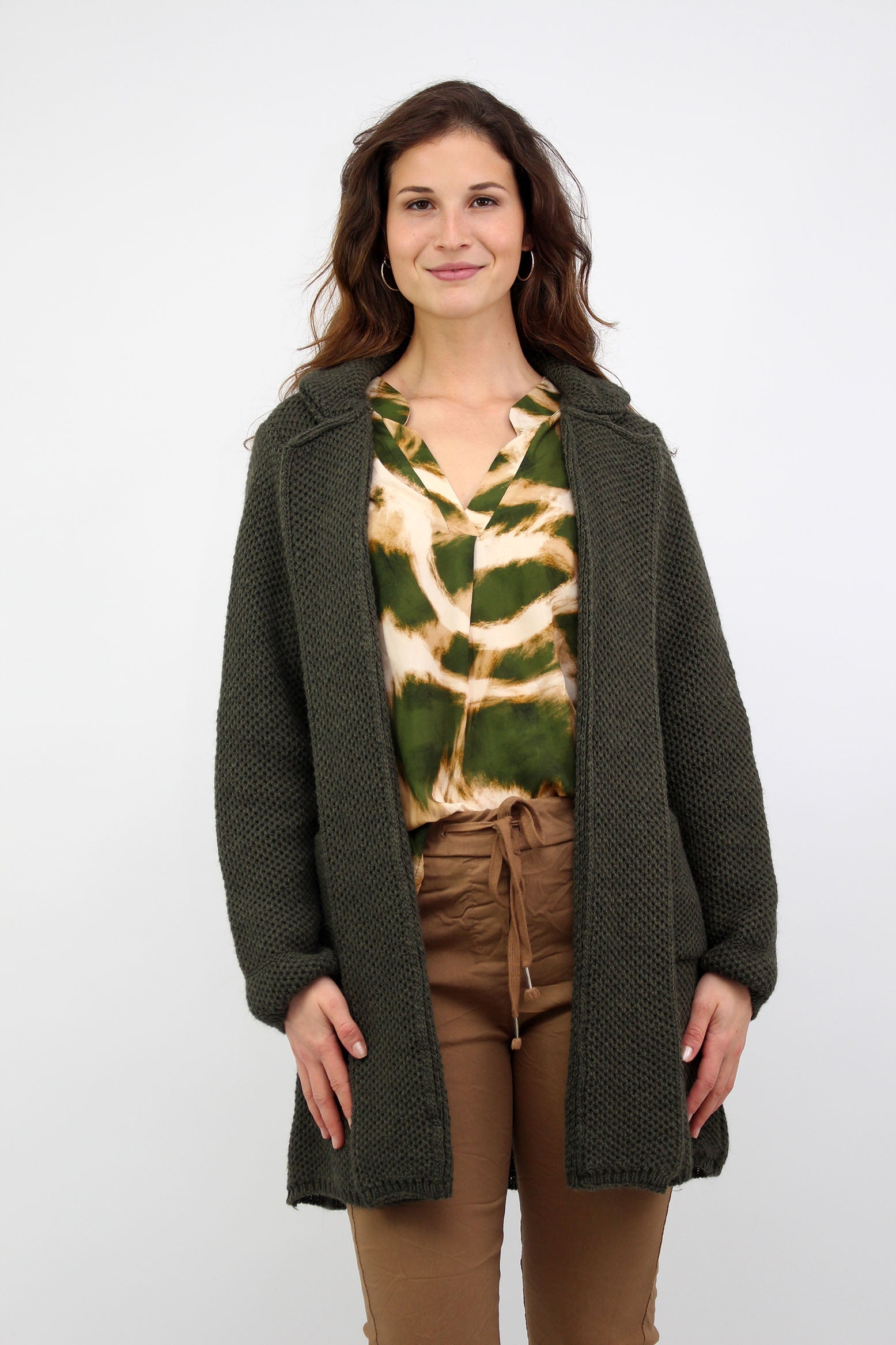 Strickjacke mit Revers Kragen - Khaki