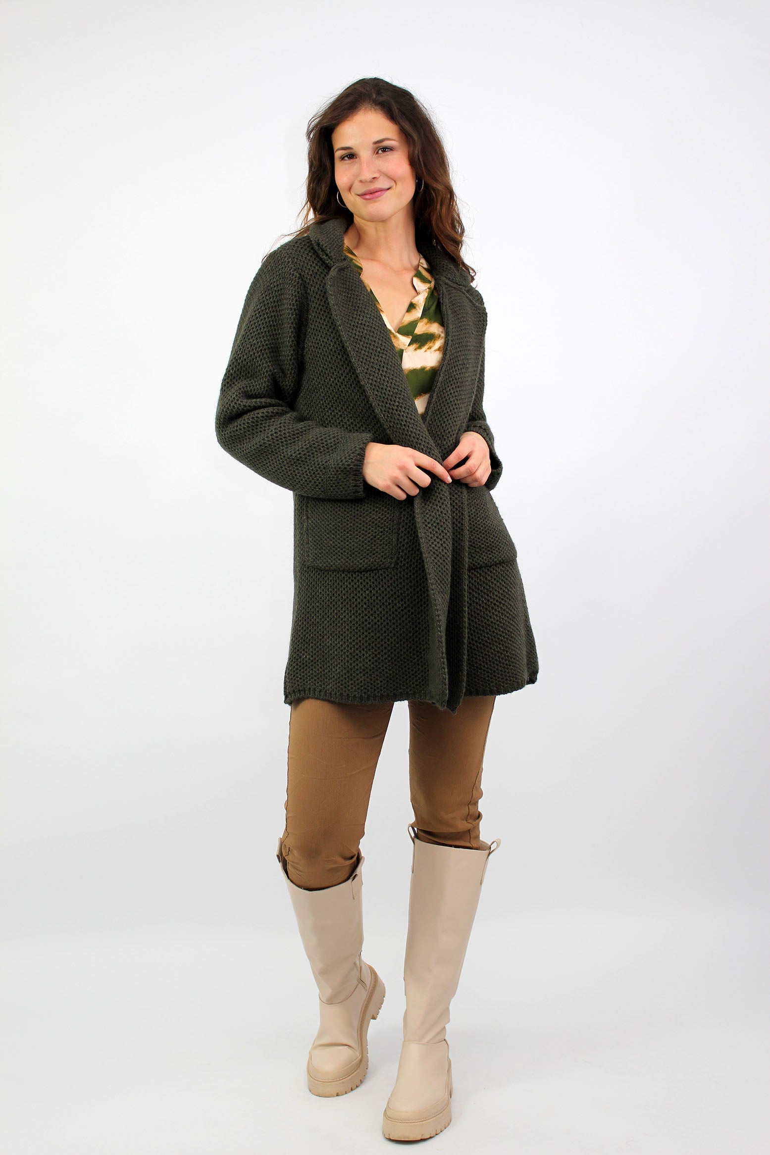 Strickjacke mit Revers Kragen - Khaki
