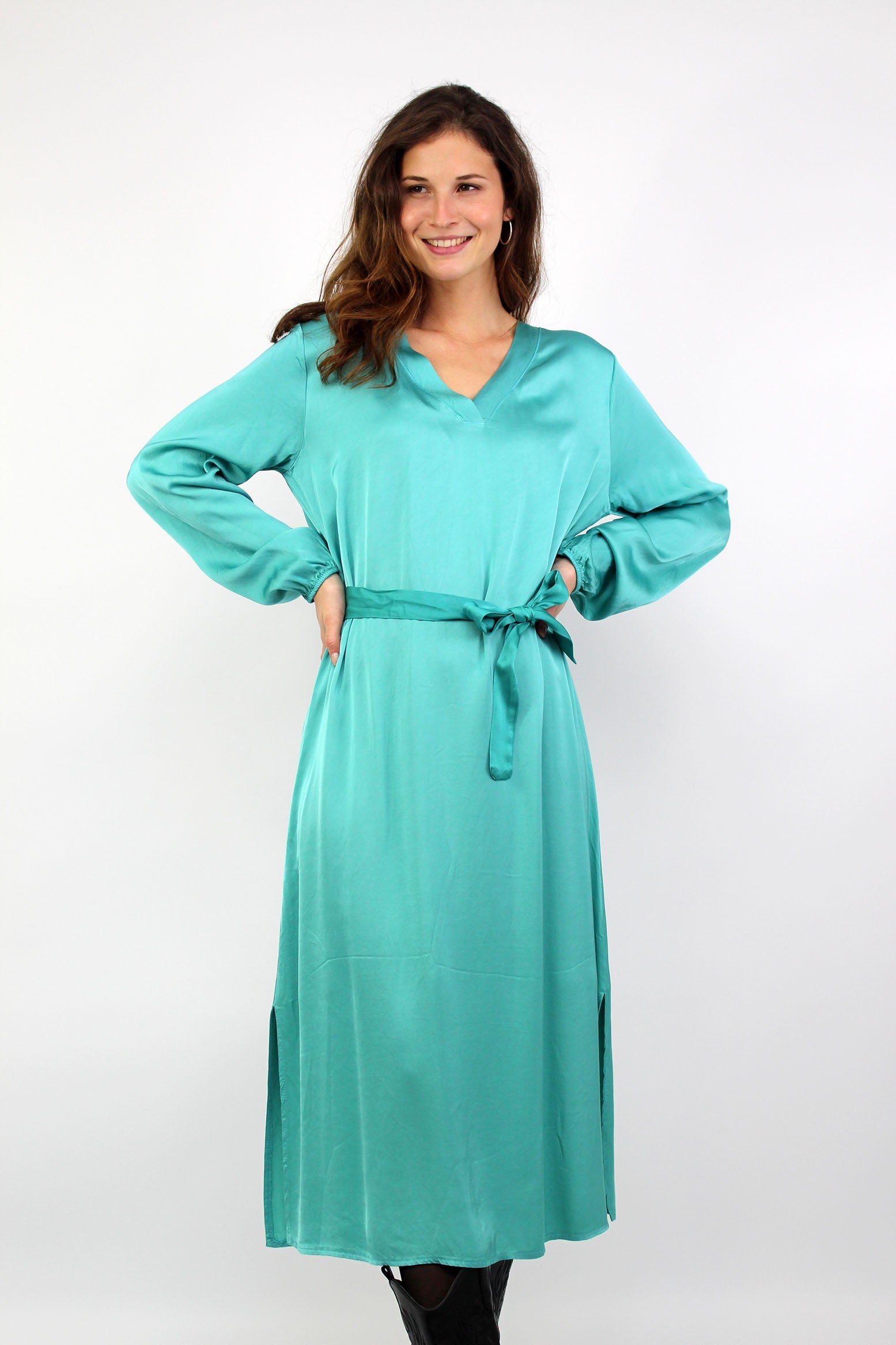 Seidenkleid mit Gürtel - Türkis