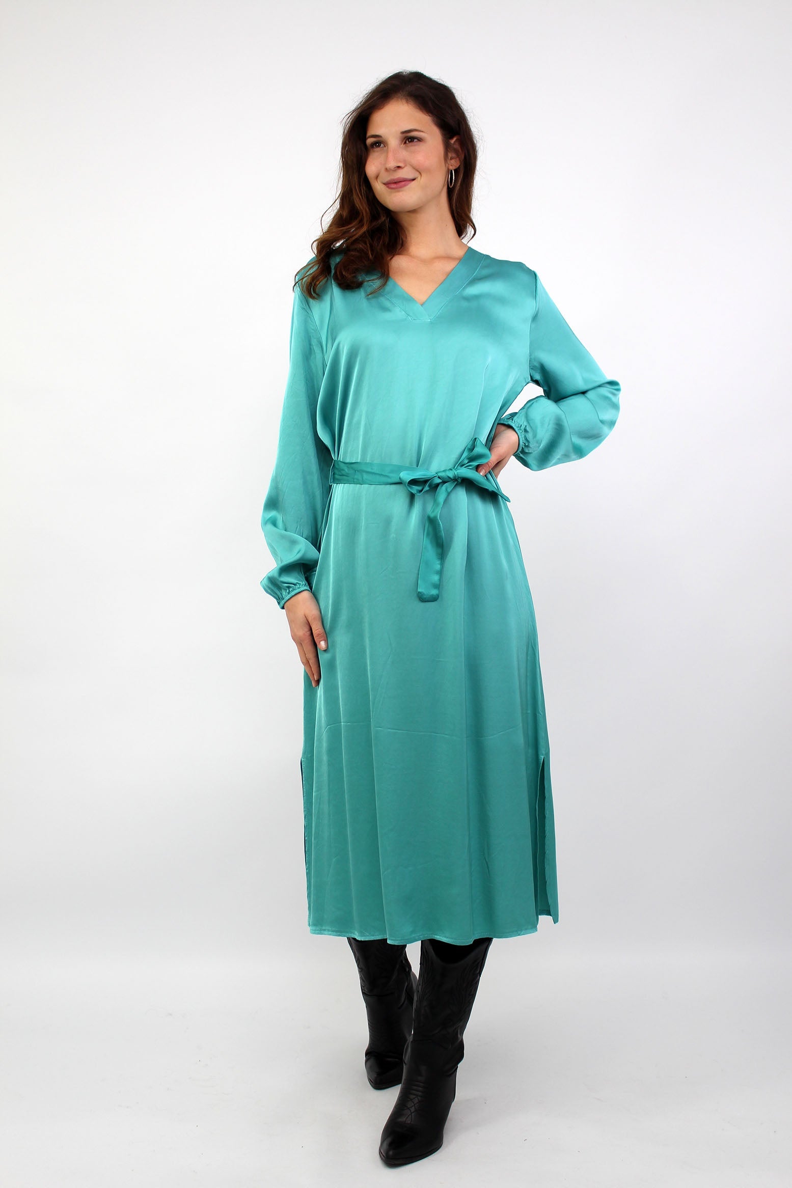 Seidenkleid mit Gürtel - Türkis