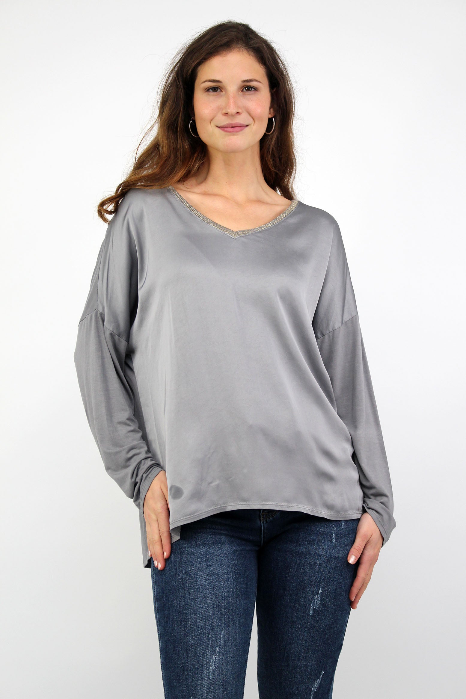 Seidenshirt mit V-Ausschnitt - Grau