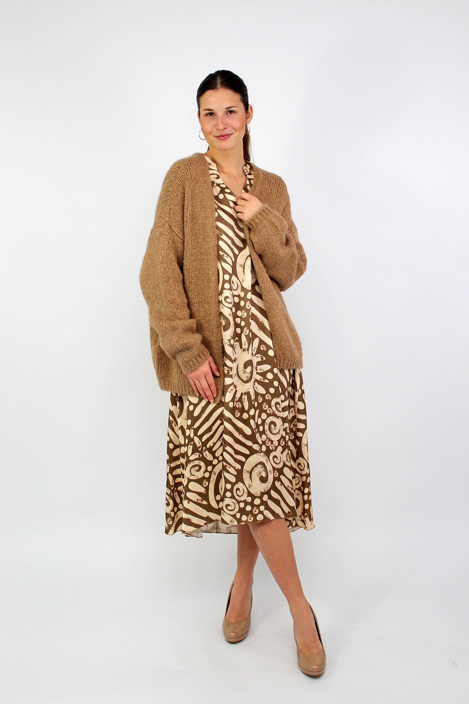 Seidenkleid mit Print - Camel