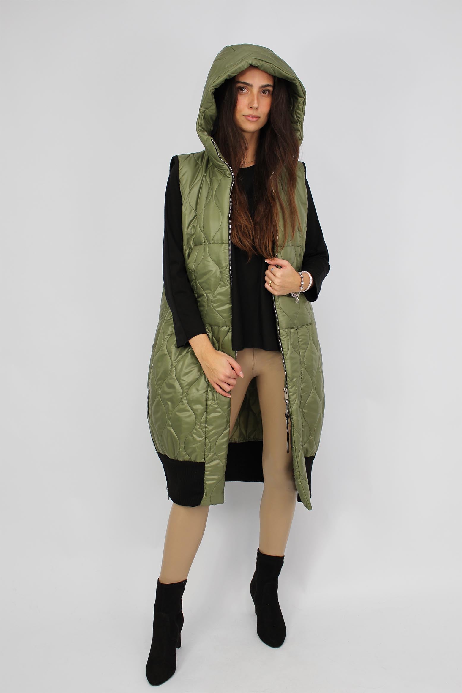 Weste mit Kapuze und Strickbund - Khaki