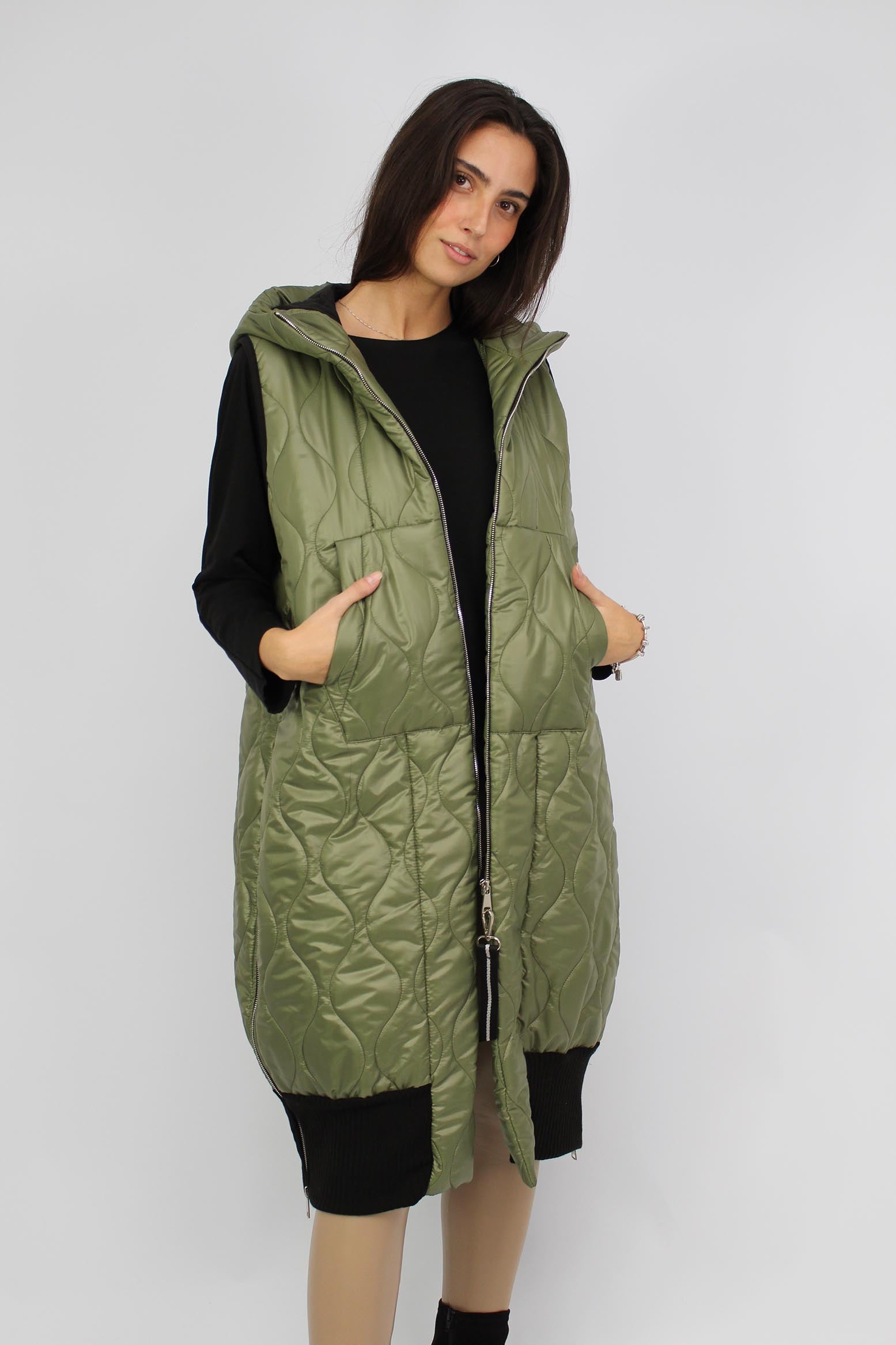 Weste mit Kapuze und Strickbund - Khaki